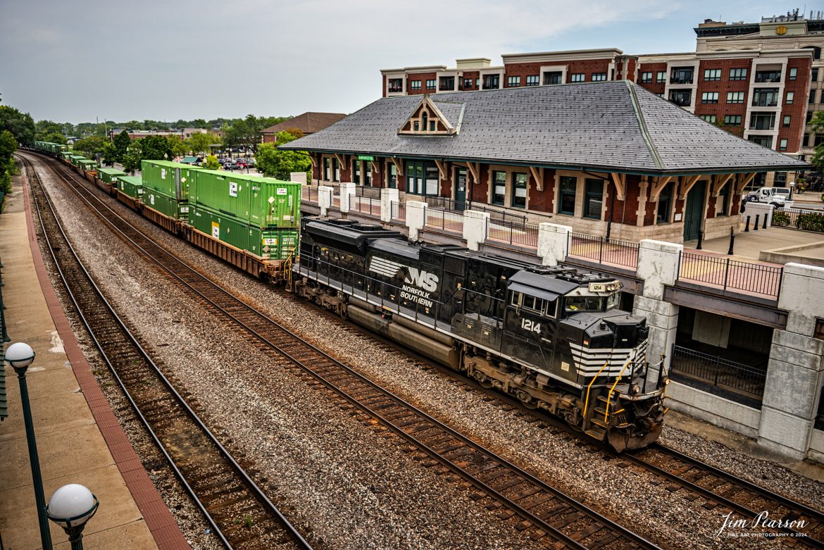 Norfolk Southern 1214 leads westbound Triple Crown train NS 251 as it passes the depot at Lafayette, Indiana, on the NS Lafayette District on August 30th, 2024. This train and its counterpart NS 252 have replaced the RoadRailer trains that used to run through here, which were abolished at the end of August 2024.

Tech Info: Nikon D810, RAW, Nikon 24-70 @ 24mm, f/2.8, 1/2000, ISO 64.

#trainphotography #railroadphotography #trains #railways #trainphotographer #railroadphotographer #jimpearsonphotography #NorfolkSouthern #IndianaRailroads