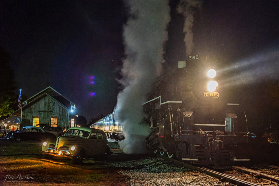 Steam locomotive Nickel Plate 765 sits next to the station at Pleasant Lake, Indiana during a night photo shoot as part of Indiana Rail Experience’s Rolling Victory Weekend on August 31st, 2024.

According to their website: Rolling Victory was a three-day living history event celebrating American military, railroad, and home front history featuring vintage train rides, World War II reenactors, battles, a big band orchestra, and an immersive and educational experience for all ages in Pleasant Lake, Indiana.

Tech Info: Nikon D810, RAW, Nikon 24-70 @ 38mm, f/2.8, 1/30, ISO 7200.

#railroad #railroads #train, #trains #railway #railway #steamtrains #railtransport #railroadengines #picturesoftrains #picturesofrailways #besttrainphotograph #bestphoto #photographyoftrains #bestsoldpicture #JimPearsonPhotography #steamtrains #nkp765 #passengertrains