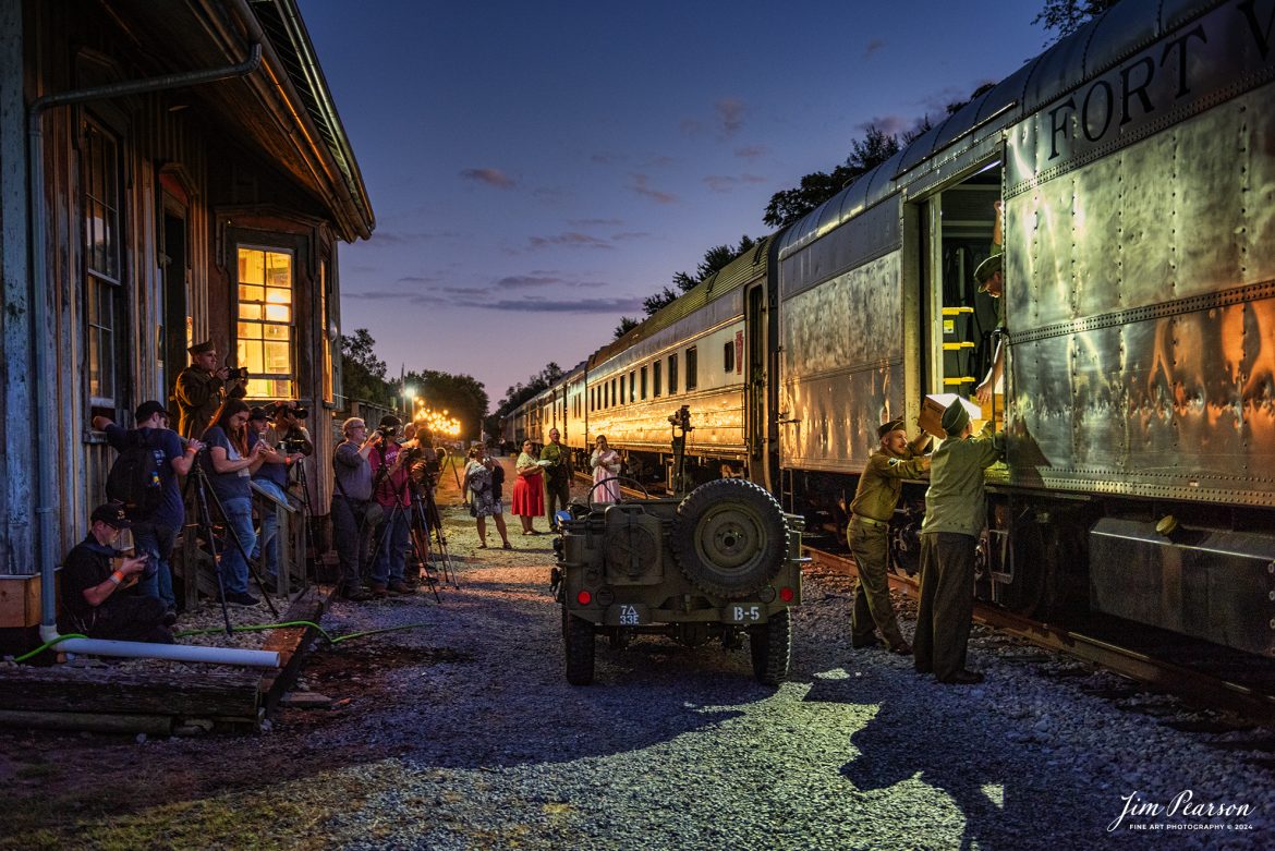 Photographers during the night photo shoot work to capture their shots as reenactors unload cargo next to the station at Pleasant Lake, Indiana during the night photo shoot during Indiana Rail Experience’s Rolling Victory Weekend on August 31st, 2024. Not bad for a handheld shot at 1/8th of a second!

According to their website: Rolling Victory was a three-day living history event celebrating American military, railroad, and home front history featuring vintage train rides, World War II reenactors, battles, a big band orchestra, and an immersive and educational experience for all ages in Pleasant Lake, Indiana.

Tech Info: Nikon D810, RAW, Nikon 24-70 @ 34mm, f/2.8, 1/8, ISO 1400.

#railroad #railroads #train, #trains #railway #railway #steamtrains #railtransport #railroadengines #picturesoftrains #picturesofrailways #besttrainphotograph #bestphoto #photographyoftrains #bestsoldpicture #JimPearsonPhotography #steamtrains #nkp765 #passengertrains