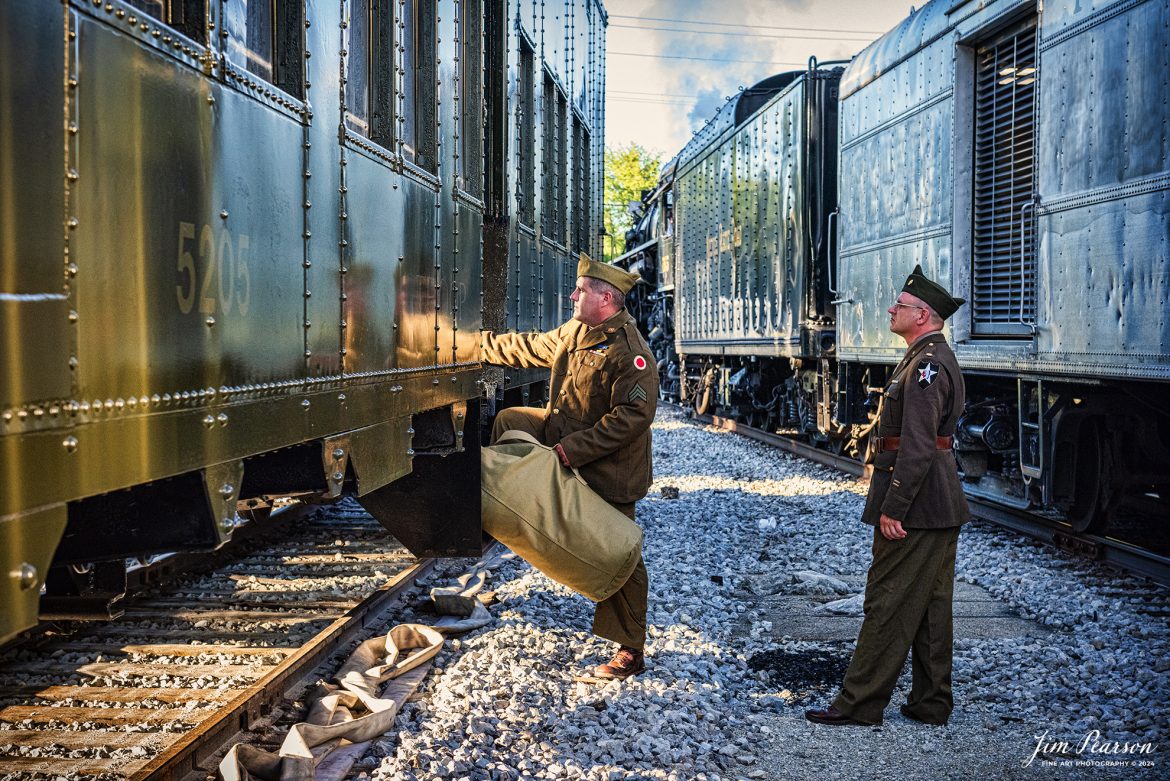 Military reenactors Chris Lantz and Matt Martini prepare to board a troop coach during the NKP 765 evening/night photo shoot at Pleasant Lake, IN, on August 31st, 2024, as part of the Rolling Victory Weekend.

According to their website: Rolling Victory was a three-day living history event celebrating American military, railroad, and home front history featuring vintage train rides, World War II reenactors, battles, a big band orchestra, and an immersive and educational experience for all ages in Pleasant Lake, Indiana.

Tech Info: Nikon D810, RAW, Nikon 24-70 @ 62mm, f/6.3, 1/640, ISO 2200.

#railroad #railroads #train, #trains #railway #railway #steamtrains #railtransport #railroadengines #picturesoftrains #picturesofrailways #besttrainphotograph #bestphoto #photographyoftrains #bestsoldpicture #JimPearsonPhotography #steamtrains #nkp765 #passengertrains