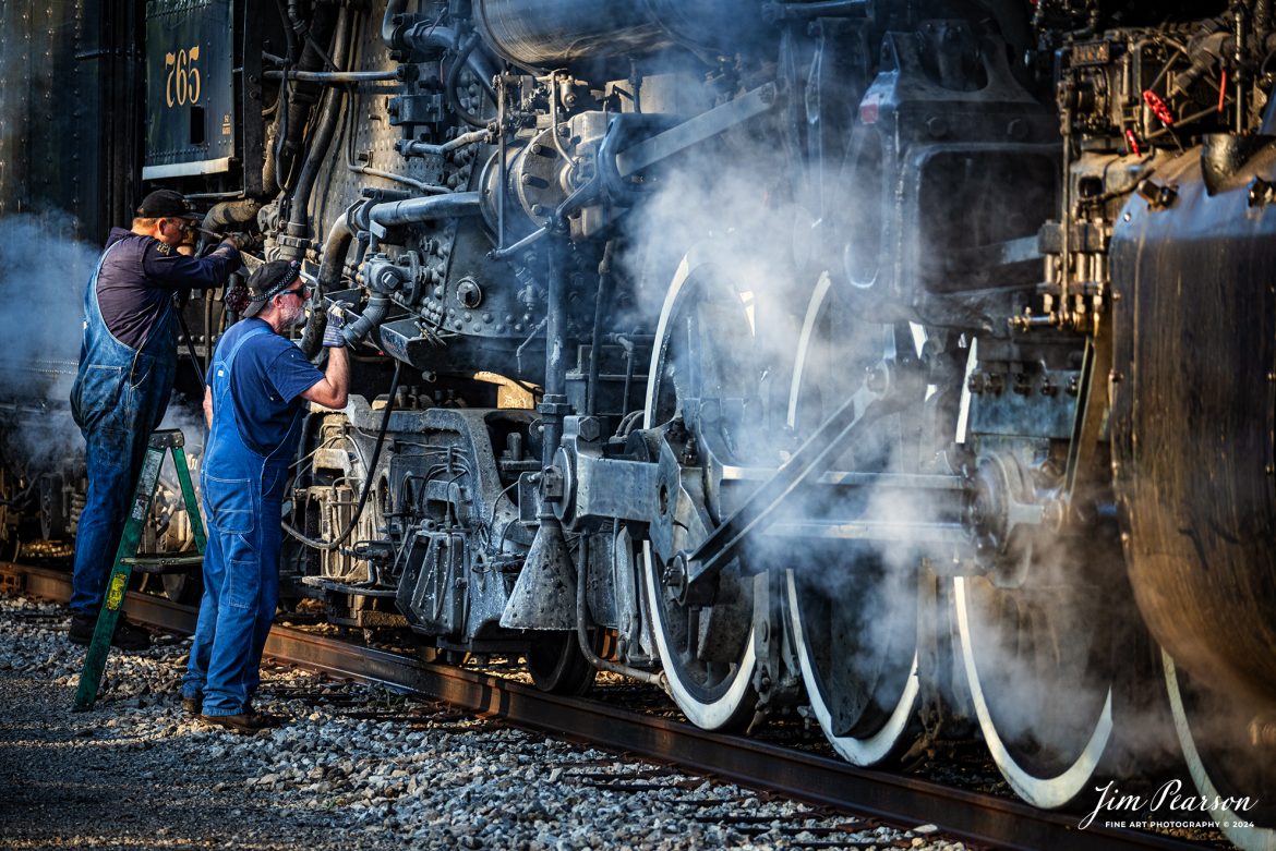 September 1st, 2024, Crews service Steam locomotive Nickel Plate 765 at the station in Pleasant Lake, Indiana as they prepare to pull their passenger train to Angola, Indiana for their first load of passengers during Indiana Rail Experience’s Rolling Victory Weekend.

According to their website: Rolling Victory was a three-day living history event celebrating American military, railroad, and home front history featuring vintage train rides, World War II reenactors, battles, a big band orchestra, and an immersive and educational experience for all ages in Pleasant Lake, Indiana.

Tech Info: Nikon D810, RAW, Sigma 150-600 @ 185mm, f/5.6, 1/320, ISO 640.

#railroad #railroads #train, #trains #railway #railway #steamtrains #railtransport #railroadengines #picturesoftrains #picturesofrailways #besttrainphotograph #bestphoto #photographyoftrains #bestsoldpicture #JimPearsonPhotography #steamtrains #nkp765 #passengertrains