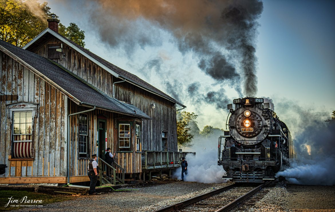 September 1st, 2024, Steam locomotive Nickel Plate 765 leads the Victory Train as they pull into the station at Pleasant Lake, Indiana as they prepare to pull their passenger train to Angola, Indiana to pick up their first load of passengers during Indiana Rail Experience’s Rolling Victory Weekend.

According to their website: Rolling Victory was a three-day living history event celebrating American military, railroad, and home front history featuring vintage train rides, World War II reenactors, battles, a big band orchestra, and an immersive and educational experience for all ages in Pleasant Lake, Indiana.

Tech Info: Nikon D810, RAW, Nikon 24-70 @ 52mm, f/2.8, 1/1000, ISO 200.

#railroad #railroads #train, #trains #railway #railway #steamtrains #railtransport #railroadengines #picturesoftrains #picturesofrailways #besttrainphotograph #bestphoto #photographyoftrains #bestsoldpicture #JimPearsonPhotography #steamtrains #nkp765 #passengertrains