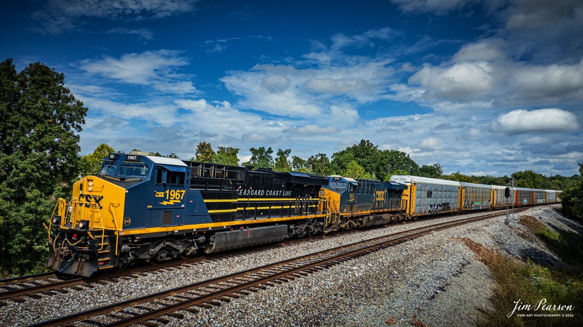 CSX I025 with CSX Seaboard Coast Line Railroad Heritage Unit (SCL), 1967 leading heads south as it passes through the north end of Kelly, Kentucky on the CSX Henderson Subdivision, on September 13th, 2024. 

According to a CSX Press Release: June 6, 2024 - CSX has released a new heritage locomotive, the P&LE 1875, paying tribute to the storied Pittsburgh & Lake Erie Railroad (P&LE). The 15th in CSX’s heritage locomotive series, this new addition to the company’s fleet not only celebrates the rich history of P&LE but also marks a significant milestone in CSX's ongoing commitment to honoring the legacies of America's historic railroads.

The Pittsburgh & Lake Erie Railroad was established in 1875 with a primary mission of transporting essential industrial materials such as coal, coke, iron ore, limestone, and steel among the bustling industrial hubs of the region. 

“It’s mainline connected Pittsburgh, Pennsylvania with Youngstown, Ohio and Connellsville, Pennsylvania. It did not actually reach Lake Erie until 1976,” explained Tim Music, a carman painter at the CSX Waycross Locomotive Shop where the unit was produced.

Despite its relatively modest route mileage, the P&LE Railroad earned the nickname "Little Giant" due to the enormous volume of heavy tonnage it moved. This impressive capability drew significant attention and by 1887, the P&LE became a subsidiary of the dominant New York Central Railroad. Under this new ownership, the P&LE enjoyed substantial improvements to its tracks and added capacity for passenger services, further enhancing its regional significance.

Over time, P&LE expanded by leasing branches from smaller railroads. These extensions included lines southeast along the Monongahela River through Homestead and McKeesport, and along the Youghiogheny River to Connellsville, where it connected with the Western Maryland Railway.

Tech Info: DJI Mavic 3 Classic Drone, RAW, 22mm, f/2.8, 1/2500, ISO 100.

#railroad #railroads #train, #trains #railway #railway #steamtrains #railtransport #railroadengines #picturesoftrains #picturesofrailways #besttrainphotograph #bestphoto #photographyoftrains #steamtrainphotography #CSXPLEheritageunit #bestsoldpicture #JimPearsonPhotography #csxheritagelocomotive #onecsx