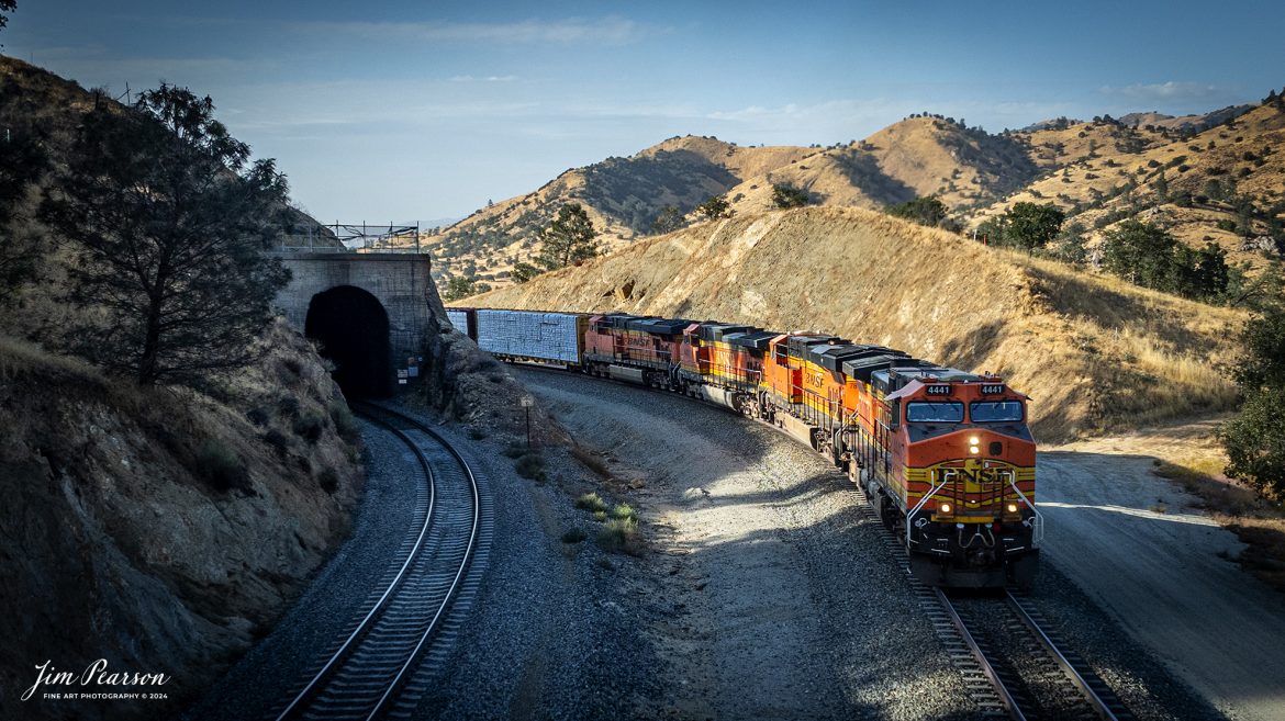 September 18th, 2024, BNSF 4441 leads an northbound  freight train as they skirt around tunnel 10 from Tehachapi Loop on the Union Pacific Mojave Subdivision at, Woodford, California.

According to Wikipedia: The Tehachapi Loop is a 3,779-foot-long (0.72 mi; 1.15 km) spiral, or helix, on the Union Pacific Railroad Mojave Subdivision through Tehachapi Pass, of the Tehachapi Mountains in Kern County, south-central California. The line connects Bakersfield and the San Joaquin Valley to Mojave in the Mojave Desert.

Rising at a steady two-percent grade, the track gains 77 feet (23 m) in elevation and makes a 1,210-foot-diameter (370 m) circle. Any train that is more than 3,800 feet (1,200 m) long—about 56 boxcars—passes over itself going around the loop. At the bottom of the loop, the track passes through Tunnel 9, the ninth tunnel built as the railroad was extended from Bakersfield.

The line averages about 36 freight trains each day. Passenger trains such as Amtrak's San Joaquin are banned from the loop, although the Coast Starlight can use it as a detour. Its frequent trains and scenic setting make the Tehachapi Loop popular with railfans. In 1998, it was named a National Historic Civil Engineering Landmark. It is also designated as California Historical Landmark #508.

One of the engineering feats of its day, the Loop was built by Southern Pacific Railroad to ease the grade over Tehachapi Pass. Construction began in 1874, and the line opened in 1876.

Tech Info: DJI Mavic 3 Classic Drone, RAW, 24mm, f/2.8, 1/1600, ISO 290.

#railroad #railroads #train, #trains #railway #railway #steamtrains #railtransport #railroadengines #picturesoftrains #picturesofrailways #besttrainphotograph #bestphoto #photographyoftrains #bestsoldpicture #JimPearsonPhotography #trainsfromtheair #trainsfromadrone