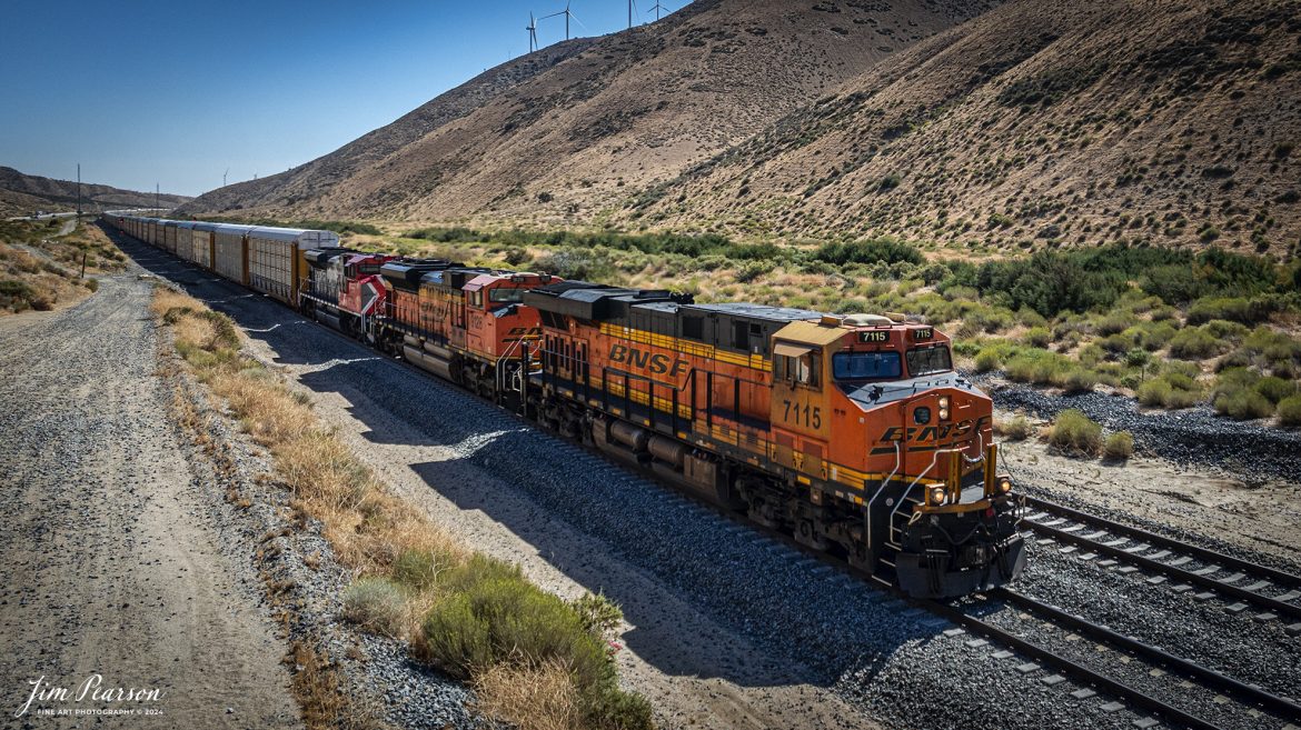 September 18th, 2024, BNSF 7115, 9128 and Ferromex 4050 lead an southbound train as they head toward Tehachapi Loop on the Union Pacific Mojave Subdivision at from Tehachapi, California.

Tech Info: DJI Mavic 3 Classic Drone, RAW, 24mm, f/2.8, 1/2500, ISO 110.

#railroad #railroads #train, #trains #railway #railway #steamtrains #railtransport #railroadengines #picturesoftrains #picturesofrailways #besttrainphotograph #bestphoto #photographyoftrains #bestsoldpicture #JimPearsonPhotography #trainsfromtheair #trainsfromadrone #TehachapiLoop