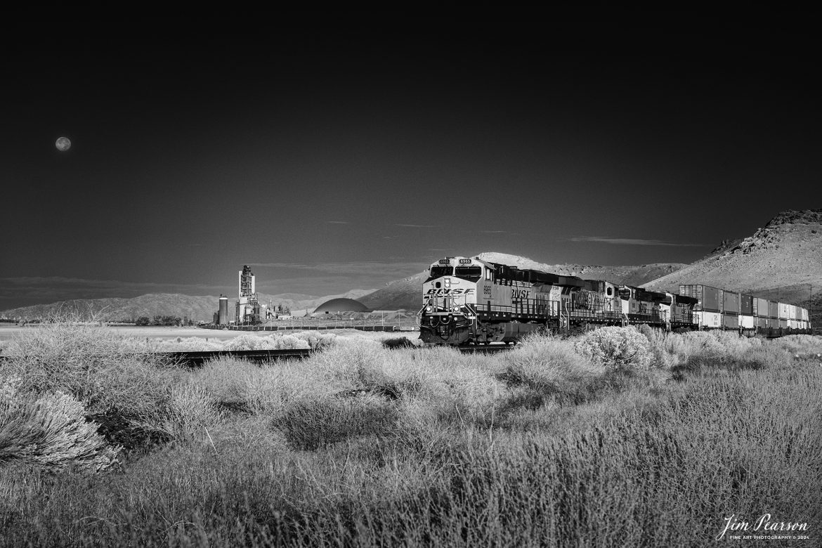 September 18th, 2024, In this Saturday's Infrared photo  I caught BNSF 6965 leading an Northbound intermodal train past the rising moon out of Tehachapi,  California.

Tech Info: Fuji XT1 converted to Infrared, RAW, Nikon 24-70, @39mm, f/4, 1/500, ISO 200.

#railroad #railroads #train, #trains #railway #railway #steamtrains #railtransport #railroadengines #picturesoftrains #picturesofrailways #besttrainphotograph #bestphoto #photographyoftrains #bestsoldpicture #JimPearsonPhotography #Infrared #TehachapiLoop