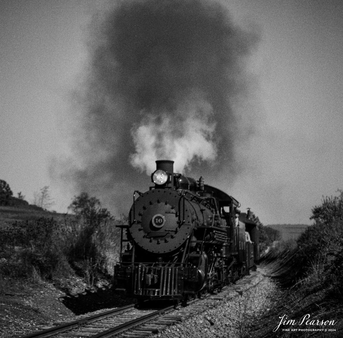 Film Wednesday – October 6th, 2024, East Broad Top 16 leads a passenger train as they return to Rockhill Furnace, Pennsylvania.

According to Wikipedia: The East Broad Top Railroad (EBT) is a 3 ft (914 mm) narrow gauge historic and heritage railroad headquartered in Rockhill Furnace, Pennsylvania. Operating from 1871 to 1956, it is one of the United States' oldest and best-preserved narrow-gauge railroads and was designated a National Historic Landmark in 1964. The railroad is now preserved for use as a tourist attraction until operations ceased in 2011. After a nine-year closure, in February 2020 it was announced that the railroad had been purchased by a non-profit foundation and regular train service resumed in the summer of 2021.

Tech Info: Mamiya C330 Professional, Ilford HP5 Film, Mamiya 80mm, f/5.6, 1/400, ISO 400.

#JimPearsonPhotography #filmphotography #blackandwhite #filmphotography