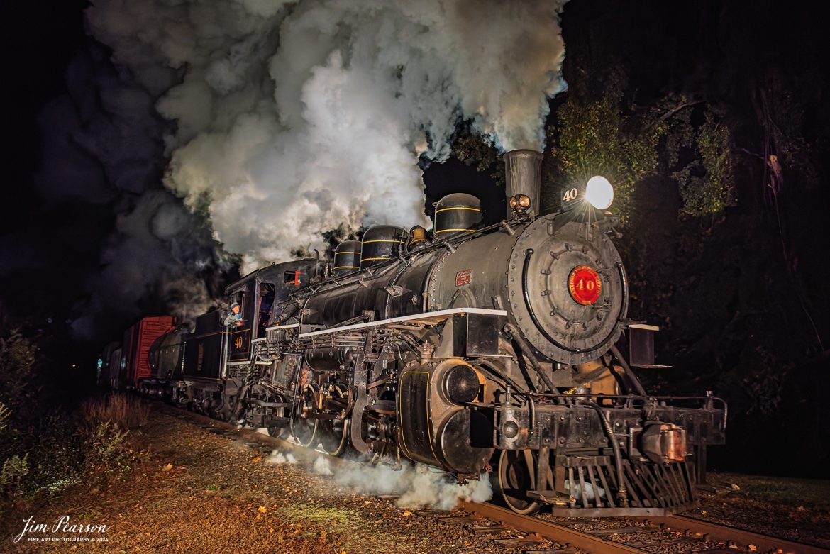 The Valley Railroad Company #40 steams out of Essex, Connecticut with a rare mixed freight move on the night of October 8th, 2024, after a photo charter conducted by Dak Dillion Photography.

According to Wikipedia: The Valley Railroad, operating under the name Essex Steam Train and Riverboat, is a heritage railroad based in Connecticut on tracks of the Connecticut Valley Railroad, which was founded in 1868. The company began operations in 1971 between Deep River and Essex and has since reopened additional parts of the former Connecticut Valley Railroad line. It operates the Essex Steam Train and the Essex Clipper Dinner Train.

Tech Info: Nikon D810, RAW, Nikon 24-70 @ 24mm, 2.8, 1/160, ISO 12,800.

#photographyoftrains #bestsoldpicture #JimPearsonPhotography #thevalleyrailroad #steamtrains