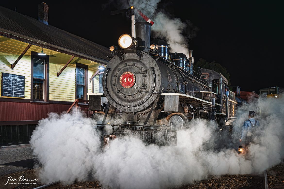 The Valley Railroad Company #40 rests at the depot at Essex, Connecticut as the conductor and fireman talk, on the night of October 8th, 2024, during a photo charter conducted by Dak Dillion Photography.

According to Wikipedia: The Valley Railroad, operating under the name Essex Steam Train and Riverboat, is a heritage railroad based in Connecticut on tracks of the Connecticut Valley Railroad, which was founded in 1868. The company began operations in 1971 between Deep River and Essex and has since reopened additional parts of the former Connecticut Valley Railroad line. It operates the Essex Steam Train and the Essex Clipper Dinner Train.

Tech Info: Nikon D810, RAW, Nikon 24-70 @ 40mm, 2.8, 1/100, ISO 10,000.

#photographyoftrains #bestsoldpicture #JimPearsonPhotography #thevalleyrailroad #steamtrains