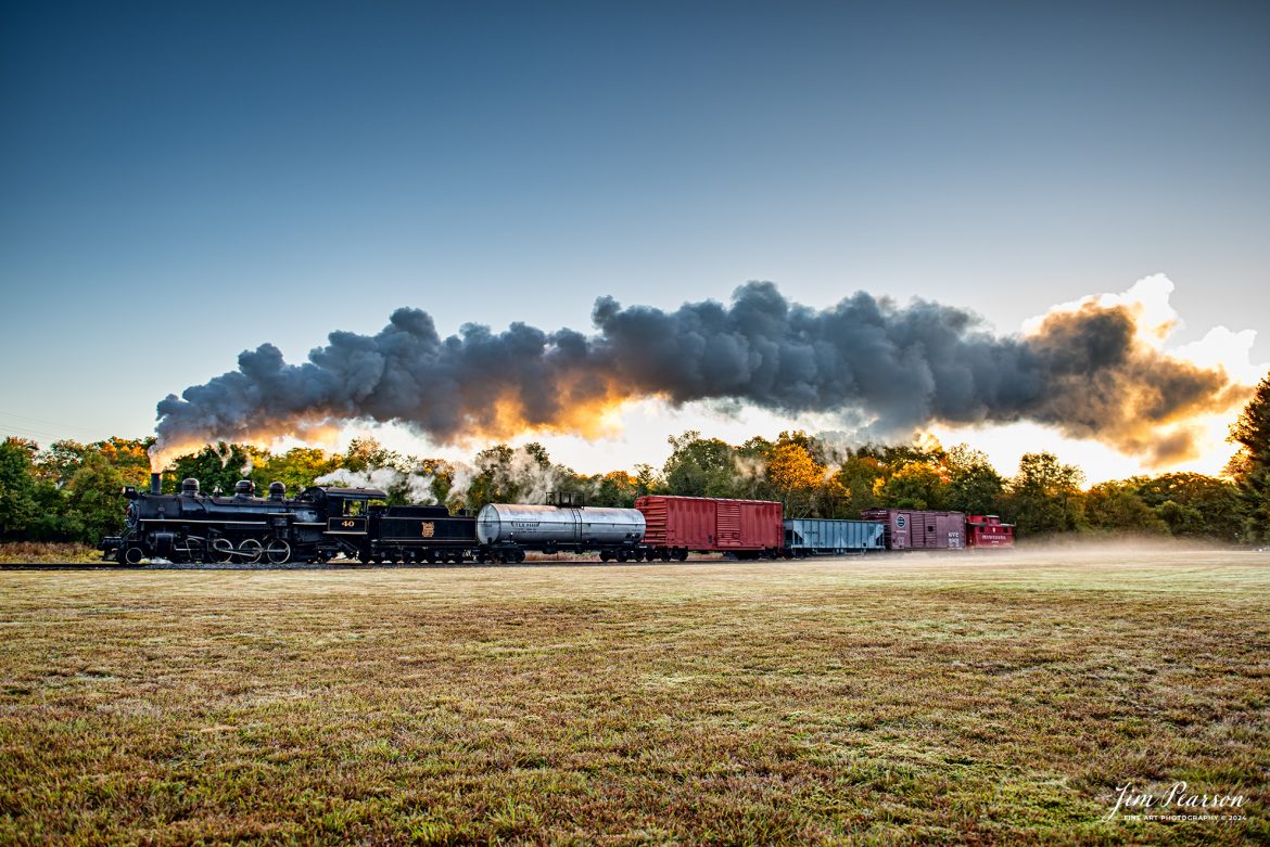 The Valley Railroad Company #40 steams across an open field in the early morning with a rare mixed freight move out of Essex, Connecticut on October 8th, 2024, as part of a two-day photo charter conducted by Dak Dillion Photography.

According to Wikipedia: The Valley Railroad, operating under the name Essex Steam Train and Riverboat, is a heritage railroad based in Connecticut on tracks of the Connecticut Valley Railroad, which was founded in 1868. The company began operations in 1971 between Deep River and Essex and has since reopened additional parts of the former Connecticut Valley Railroad line. It operates the Essex Steam Train and the Essex Clipper Dinner Train.

Valley Railroad #40 is a ALCO 2-8-0 that was built in 1923. It was built as Portland, Astoria and Pacific No. 101, but never used there; transferred to Minarets and Western Railroad in 1921, later to Southern Pacific, then to the Aberdeen and Rockfish Railroad. Purchased by the Valley Railroad in 1977.

Tech Info: Nikon D810, RAW, Nikon 24-70 @ 24mm, 2.8, 1/200, ISO 64.

#railroad #railroads #train, #trains #railway #railway #steamtrains #railtransport #railroadengines #picturesoftrains #picturesofrailways #besttrainphotograph #bestphoto #photographyoftrains #bestsoldpicture #JimPearsonPhotography #thevalleyrailroad