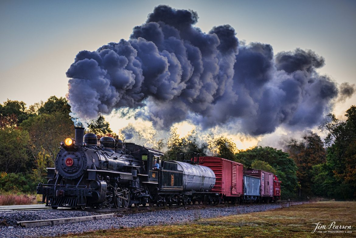 The Valley Railroad Company #40 steams across an open field in the early morning with a rare mixed freight move out of Essex, Connecticut on October 8th, 2024, as part of a two-day photo charter conducted by Dak Dillion Photography.

According to Wikipedia: The Valley Railroad, operating under the name Essex Steam Train and Riverboat, is a heritage railroad based in Connecticut on tracks of the Connecticut Valley Railroad, which was founded in 1868. The company began operations in 1971 between Deep River and Essex and has since reopened additional parts of the former Connecticut Valley Railroad line. It operates the Essex Steam Train and the Essex Clipper Dinner Train.

Valley Railroad #40 is a ALCO 2-8-0 that was built in 1923. It was built as Portland, Astoria and Pacific No. 101, but never used there; transferred to Minarets and Western Railroad in 1921, later to Southern Pacific, then to the Aberdeen and Rockfish Railroad. Purchased by the Valley Railroad in 1977.

Tech Info: Nikon D810, RAW, Nikon 24-70 @ 48mm, 2.8, 1/200, ISO 220.

#photographyoftrains #bestsoldpicture #JimPearsonPhotography #thevalleyrailroad #steamtrains