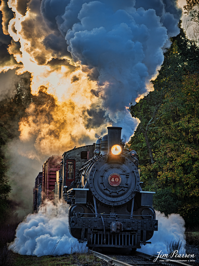 The Valley Railroad Company #40 steams through the early morning sunrise with a rare mixed freight move out of Essex, Connecticut on October 8th, 2024, as part of a two-day photo charter conducted by Dak Dillion Photography.

According to Wikipedia: The Valley Railroad, operating under the name Essex Steam Train and Riverboat, is a heritage railroad based in Connecticut on tracks of the Connecticut Valley Railroad, which was founded in 1868. The company began operations in 1971 between Deep River and Essex and has since reopened additional parts of the former Connecticut Valley Railroad line. It operates the Essex Steam Train and the Essex Clipper Dinner Train.

Valley Railroad #40 is a ALCO 2-8-0 that was built in 1923. It was built as Portland, Astoria and Pacific No. 101, but never used there; transferred to Minarets and Western Railroad in 1921, later to Southern Pacific, then to the Aberdeen and Rockfish Railroad. Purchased by the Valley Railroad in 1977.

Tech Info: Nikon D810, RAW, Nikon 70-300 @ 185mm, 5.3, 1/200, ISO 160.

#photographyoftrains #bestsoldpicture #JimPearsonPhotography #thevalleyrailroad #steamtrains