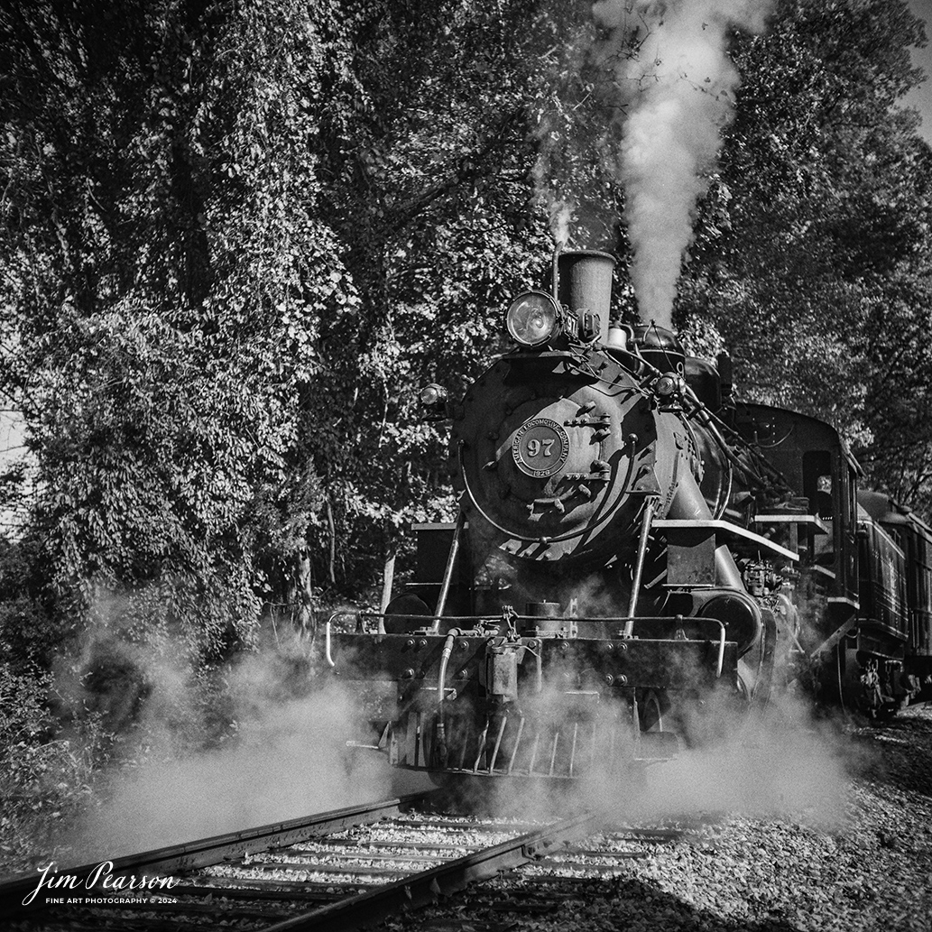 Film Wednesday – October 9th, 2024, The Valley Railroad Company steam engine #97 heads out of Essex, Connecticut with three passenger coaches, during a Dak Dillon Photography photo charter.

According to Wikipedia: The Valley Railroad, operating under the name Essex Steam Train and Riverboat, is a heritage railroad based in Connecticut on tracks of the Connecticut Valley Railroad, which was founded in 1868. The company began operations in 1971 between Deep River and Essex and has since reopened additional parts of the former Connecticut Valley Railroad line. It operates the Essex Steam Train and the Essex Clipper Dinner Train.

Valley Railroad No. 97 is a preserved 2-8-0 steam locomotive that was built in 1923 by the American Locomotive Company's Cooke Works.

Tech Info: Mamiya C330 Professional, Ilford HP5 Film, Mamiya 80mm, f/5.6, 1/400, ISO 400.

#JimPearsonPhotography #filmphotography #blackandwhite #filmphotography