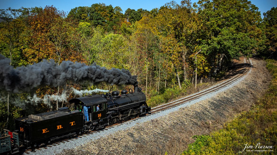 East Broad Top (EBT) steam locomotive #16 pulls a passenger train out of Rockhill Furnace, Pennsylvania on October 6th, 2024, on a beautiful fall afternoon.

According to the East Broad Top Website: Locomotive #16 was built in 1916 by the Baldwin Locomotive Works.

Entering the age of modern steam in 1916, the EBT received its first of three large Mikados. Unlike the previous three smaller locomotives, #16 came with superheaters, piston valves, and Southern valve gear. One story mentions #16 pulled 60 empty hoppers from Mt. Union to Rockhill in one train, literally clearing out the yard. #16 underwent an overhaul in 1955 and made only a handful of trips in early 1956 before the railroad shut down an overhaul when the EBT shut down. On February 1, 2023, the locomotive returned to service.

Tech Info: DJI Mavic 3 Classic Drone, RAW, 24mm, f/2.8, 1/1600, ISO 100.

#steamtrains #JimPearsonPhotography #trainsfromtheair #EastBroadTop