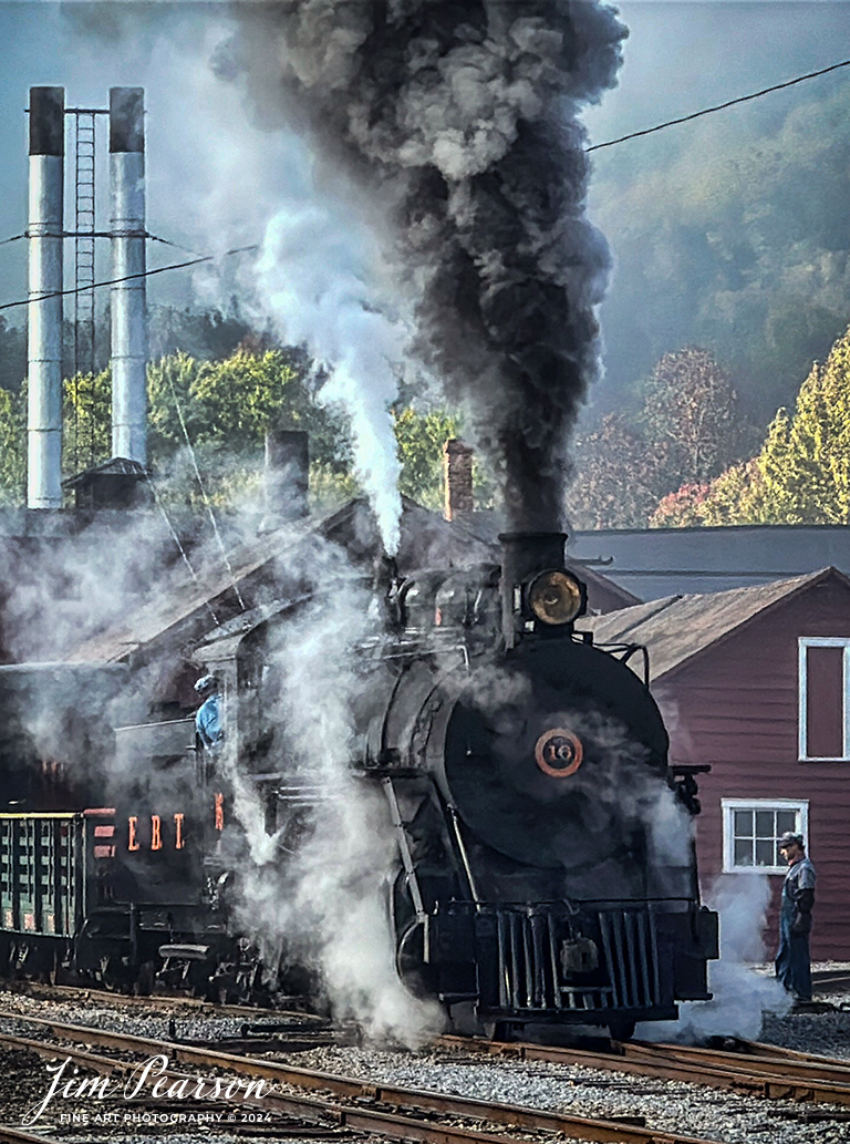 East Broad Top (EBT) steam locomotive #16 works on dropping off a mixed freight train in th yard at Rockhill Furnace, Pennsylvania on October 6th, 2024, during the museum’s Friends of the East Broad top event.

According to the East Broad Top Website: Locomotive #16 was built in 1916 by the Baldwin Locomotive Works.

Entering the age of modern steam in 1916, the EBT received its first of three large Mikados. Unlike the previous three smaller locomotives, #16 came with superheaters, piston valves, and Southern valve gear. One story mentions #16 pulled 60 empty hoppers from Mt. Union to Rockhill in one train, literally clearing out the yard. #16 underwent an overhaul in 1955 and made only a handful of trips in early 1956 before the railroad shut down. On February 1, 2023, the locomotive returned to service.

Tech Info: iPhone 14 Pro, 3x  lens, f/1.8, 1/274th, ISO 29.

#photographyoftrains #trainphotography #JimPearsonPhotography #trendingphoto #eastbroadtoprailroad #steamtrains