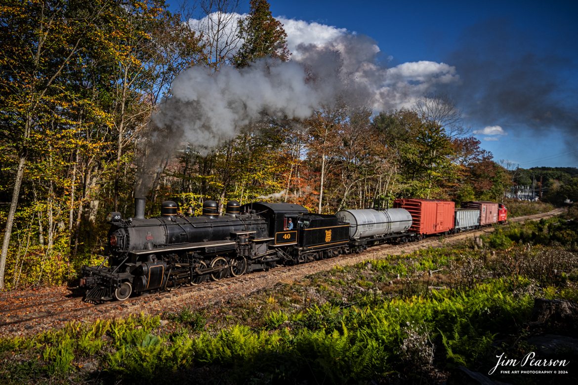 The Valley Railroad Company #40 climbs through the the area referred to as "the ladder" by the railroad, with a rare mixed freight move out of Essex, Connecticut on October 8th, 2024, as part of a two-day photo charter conducted by Dak Dillion Photography. This section of trackage isn't normally seen on the railroad's regular operation as it's south of the depot.

According to Wikipedia: The Valley Railroad, operating under the name Essex Steam Train and Riverboat, is a heritage railroad based in Connecticut on tracks of the Connecticut Valley Railroad, which was founded in 1868. The company began operations in 1971 between Deep River and Essex and has since reopened additional parts of the former Connecticut Valley Railroad line. It operates the Essex Steam Train and the Essex Clipper Dinner Train.

Valley Railroad #40 is a ALCO 2-8-0 that was built in 1923. It was built as Portland, Astoria and Pacific No. 101, but never used there; transferred to Minarets and Western Railroad in 1921, later to Southern Pacific, then to the Aberdeen and Rockfish Railroad. Purchased by the Valley Railroad in 1977.

Tech Info: Nikon D810, RAW, Nikon 10-24 @ 14mm, f/5, 1/1000, ISO 160.

#photographyoftrains #bestsoldpicture #JimPearsonPhotography #thevalleyrailroad #steamtrains