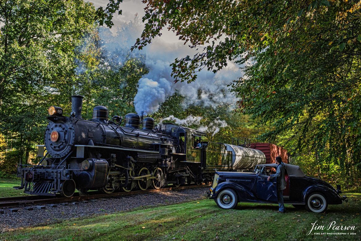 The Valley Railroad Company #40 steams toward Essex, Connecticut on October 8th, 2024 with a rare mixed freight move as they approach Bokum Road – MP 2.99,  passing a driver standing next to what I'm told was a 1930s Packard car as part of a two-day photo charter conducted by Dak Dillion Photography.

According to Wikipedia: The Valley Railroad, operating under the name Essex Steam Train and Riverboat, is a heritage railroad based in Connecticut on tracks of the Connecticut Valley Railroad, which was founded in 1868. The company began operations in 1971 between Deep River and Essex and has since reopened additional parts of the former Connecticut Valley Railroad line. It operates the Essex Steam Train and the Essex Clipper Dinner Train.

Valley Railroad #40 is a ALCO 2-8-0 that was built in 1923. It was built as Portland, Astoria and Pacific No. 101, but never used there; transferred to Minarets and Western Railroad in 1921, later to Southern Pacific, then to the Aberdeen and Rockfish Railroad. Purchased by the Valley Railroad in 1977.

Tech Info: Nikon D810, RAW, Nikon 24-70 @ 26mm, f/5, 1/320, ISO 1000.

#photographyoftrains #bestsoldpicture #JimPearsonPhotography #thevalleyrailroad #steamtrains