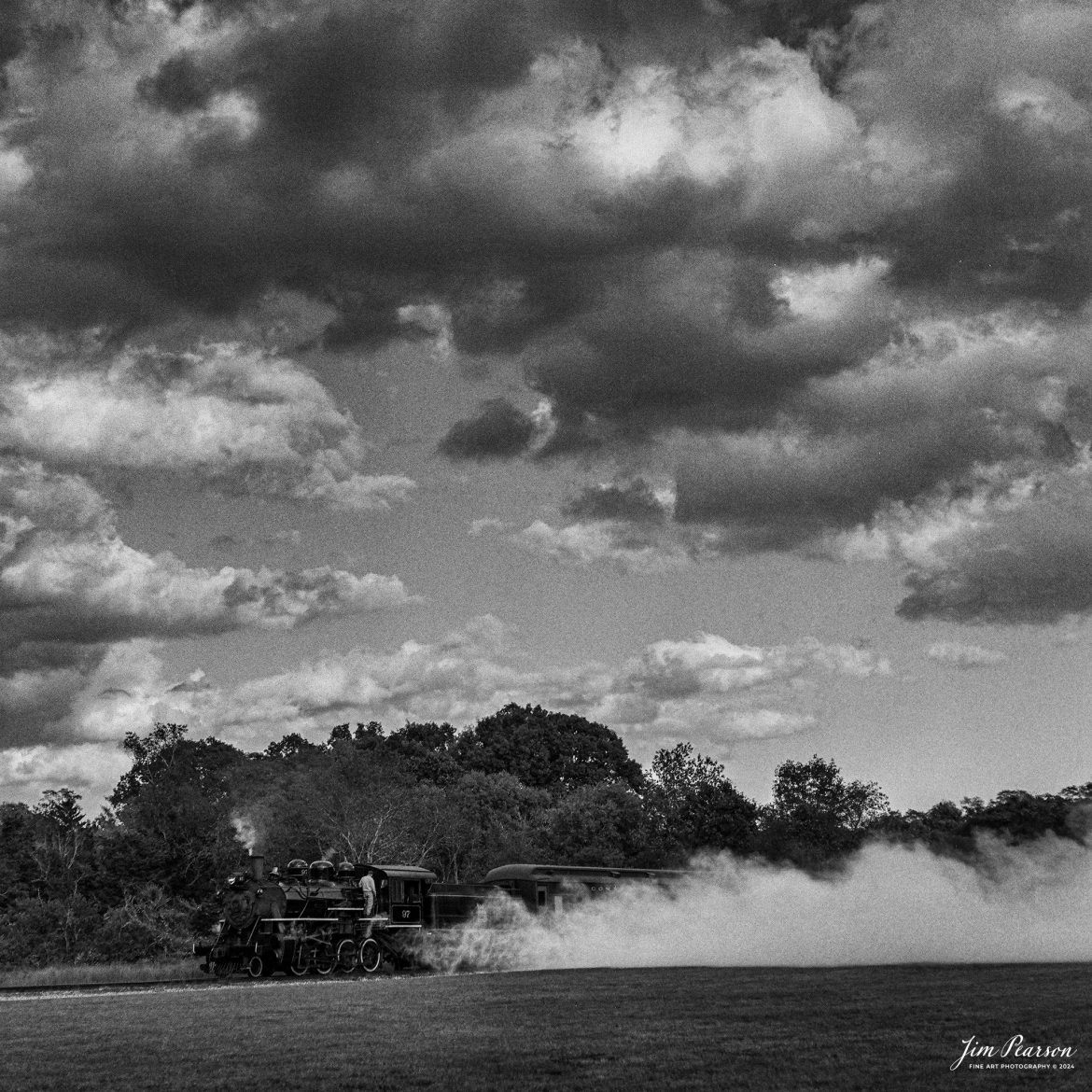 Film Wednesday – October 9th, 2024, The Valley Railroad Company steam engine #97 does a blowout just outside of Essex, Connecticut with three passenger coaches, during a Dak Dillon Photography photo charter.

According to Wikipedia: The Valley Railroad, operating under the name Essex Steam Train and Riverboat, is a heritage railroad based in Connecticut on tracks of the Connecticut Valley Railroad, which was founded in 1868. The company began operations in 1971 between Deep River and Essex and has since reopened additional parts of the former Connecticut Valley Railroad line. It operates the Essex Steam Train and the Essex Clipper Dinner Train.

Valley Railroad No. 97 is a preserved 2-8-0 steam locomotive that was built in 1923 by the American Locomotive Company's Cooke Works.

Tech Info: Mamiya C330 Professional, Ilford HP5 Film, Mamiya 80mm, f/5.6, 1/500, ISO 400.

#JimPearsonPhotography #filmphotography #blackandwhite #filmphotography