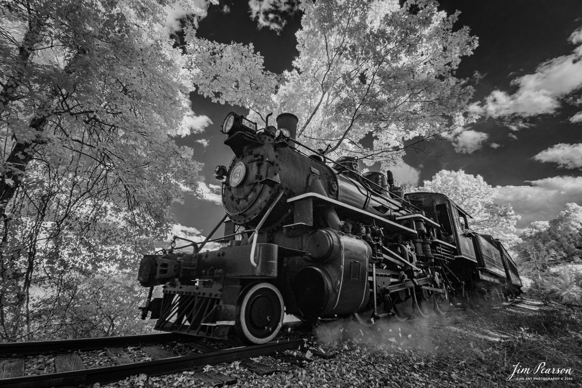 In this week’s Saturday Infrared Photo, we find The Valley Railroad Company #97 steams along the Connecticut around Chester, Connecticut with a passenger train on October 9th, 2024, as part of a two-day photo charter conducted by Dak Dillion Photography.

According to Wikipedia: The Valley Railroad, operating under the name Essex Steam Train and Riverboat, is a heritage railroad based in Connecticut on tracks of the Connecticut Valley Railroad, which was founded in 1868. The company began operations in 1971 between Deep River and Essex and has since reopened additional parts of the former Connecticut Valley Railroad line. It operates the Essex Steam Train and the Essex Clipper Dinner Train.

Valley Railroad #40 is an ALCO 2-8-0 that was built in 1923. It was built as Portland, Astoria and Pacific No. 101, but never used there; transferred to Minarets and Western Railroad in 1921, later to Southern Pacific, then to the Aberdeen and Rockfish Railroad. Purchased by the Valley Railroad in 1977.

Tech Info: Fuji XT-1, RAW, Converted to 720nm B&W IR, Nikon 10-24 @ 10mm, f/5, 1/250, ISO 400.

#jimpearsonphotography #infraredtrainphotography #infraredphotography #infraredphotography #trending #thevalleyrailroad