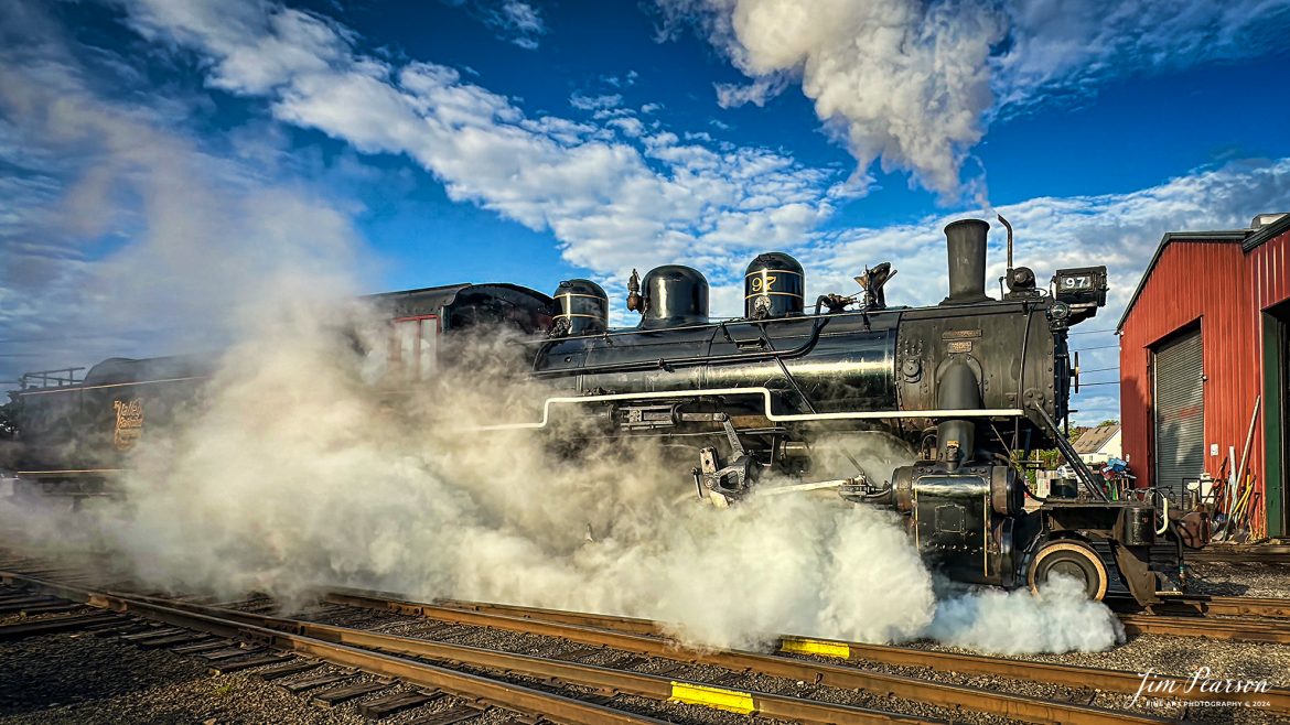 The Valley Railroad steam engine 97 passes the engine house as it heads to the depot at Essex, Connecticut during a photo charter by Dak Dillion Photography on October 9th, 2024.

According to Wikipedia: The Valley Railroad, operating under the name Essex Steam Train and Riverboat, is a heritage railroad based in Connecticut on tracks of the Connecticut Valley Railroad, which was founded in 1868. The company began operations in 1971 between Deep River and Essex and has since reopened additional parts of the former Connecticut Valley Railroad line. It operates the Essex Steam Train and the Essex Clipper Dinner Train.

Valley Railroad 97 is a preserved 2-8-0 steam locomotive that was built in February 1926 by the American Locomotive Company's Cooke Works.


Tech Info: iPhone 14 Pro, 6.9 (24mm), f/2.2, 1/1241, ISO 40, JPG.

#trainphotography #railroadphotography #trains #railways #iphonephotography #trainphotographer #railroadphotographer #jimpearsonphotography #thevalleyrailroad #steamtrains #iphone14pro