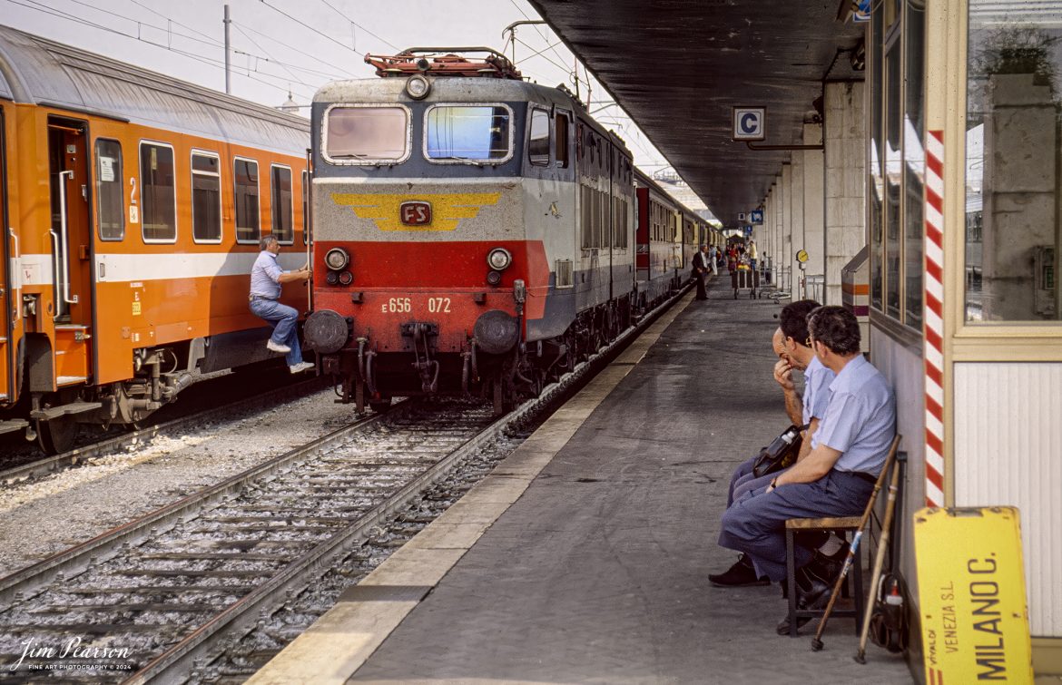 Blast from the past: The engineer on an outbound train at the Venice Santa Lucia Station at Venice, Italy climbs aboard his engine in this shot from the fall of 1992 during one of my trips to the city.

The main train station in Venice is Venice Santa Lucia, also called Venice SL and Stazione di Venezia Santa Lucia in Italian. It's located on the Grand Canal, which means you're only a short walk from the Rialto Bridge and St. Mark's Square when you step off of the platform.

Tech Info: Nikon F3, Nikon 80-200mm @ 80mmm, Ektachrome Slide Film

photography of trains, train photography, sold picture, best sold picture, Jim Pearson Photography