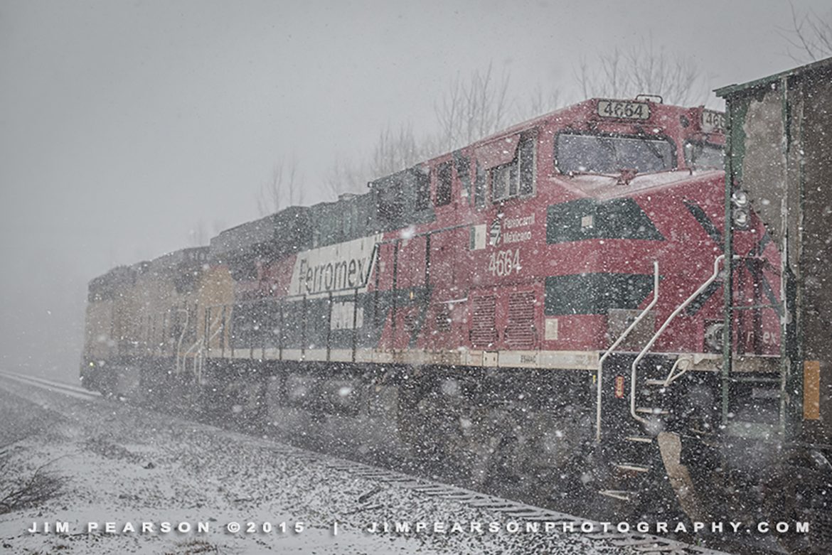 March 4, 2015 – A Paducah and Louisville Railroad crew moves a empty coal train north through the driving snow at Richland, Ky with Ferromex 4664 trailing behind Union Pacific 7190. This was the start of the 16-19 inches of snow that fell on the area overnight back in 2015.

Tech Info: Nikon D800, RAW, Nikon 24-70 @ 50mm, f/3.5, 1/1000, ISO 3,200.

#photographyoftrains #trainphotography #JimPearsonPhotography #trendingphoto