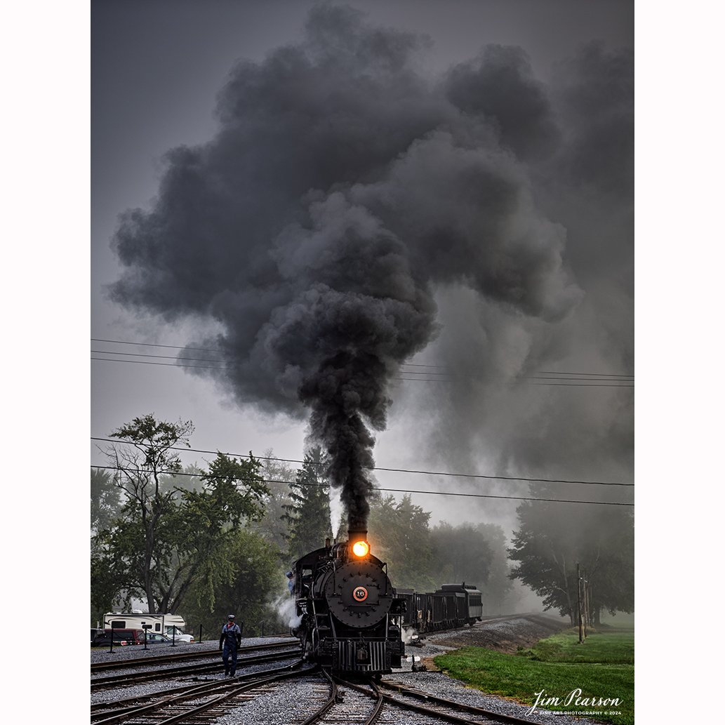 East Broad Top (EBT) steam locomotive 16 moves onto the wye next to the depot at Rockhill Furnace, Pennsylvania on October 6th, 2024 as they begin to turn the train.

According to the East Broad Top Website: Locomotive #16 was built in 1916 by the Baldwin Locomotive Works.

Entering the age of modern steam in 1916, the EBT received its first of three large Mikados. Unlike the previous three smaller locomotives, 16 came with superheaters, piston valves, and Southern valve gear. One story mentions #16 pulled 60 empty hoppers from Mt. Union to Rockhill in one train, literally clearing out the yard. #16 underwent an overhaul in 1955 and made only a handful of trips in early 1956 before the railroad shut down an overhaul when the EBT shut down. On February 1, 2023, the locomotive returned to service.

Tech Info: Nikon D810, RAW, Nikon 24-70 @ 48mm, f/2.8, 1/400, ISO 64.

#steamtrains #JimPearsonPhotography #eastbroadtop