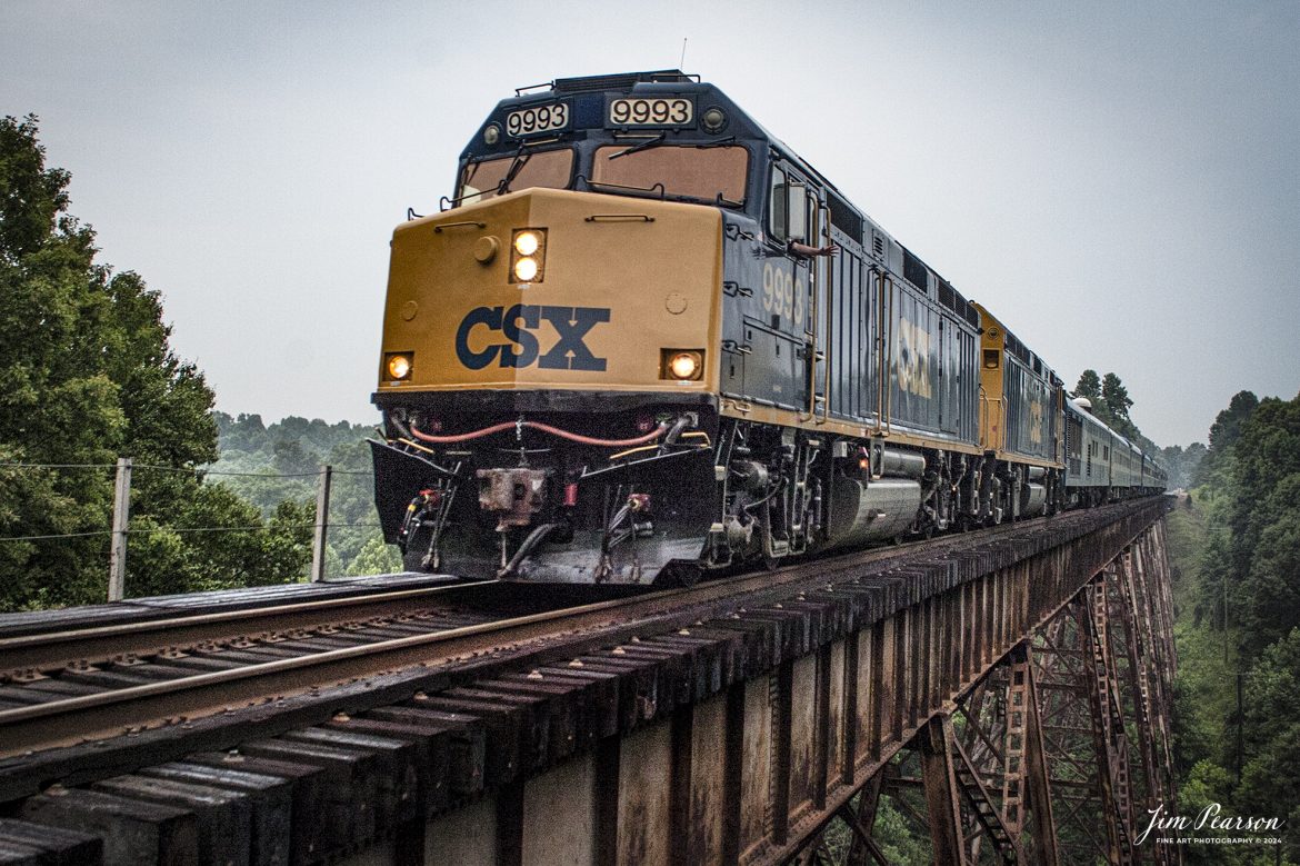 June 26th, 2006 - Blast from The Past – CSXT 9993 leads the CSX Business Train northbound across the Gum Lick Trestle, between Kelly and Crofton, Kentucky, on the CSX Henderson Subdivision on June 26th, 2006.

The “Gum Lick” name comes from the fact that the valley here is named Gum Lick Hollow and it sits between Crofton and Kelly Kentucky where it crosses over the West Fork of Pond River.

Tech Info: Nikon D2H, Sigma 24-70 @24mm, f/4, 1/640, ISO 500.

#trainphotography #railroadphotography #trains #railways #trainphotographer #railroadphotographer #jimpearsonphotography