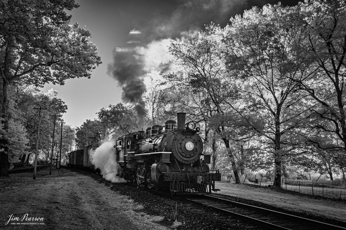 In this week’s Saturday Infrared Photo, we find The Valley Railroad Company 40 as they prepare to head to Essex, Connecticut, with a rare mixed freight move on October 8th, 2024, during a two-day photo charter conducted by Dak Dillion Photography. 

This section of trackage isn't normally seen on the railroad's regular operation as it's south of the depot.

According to Wikipedia: The Valley Railroad, operating under the name Essex Steam Train and Riverboat, is a heritage railroad based in Connecticut on tracks of the Connecticut Valley Railroad, which was founded in 1868. The company began operations in 1971 between Deep River and Essex and has since reopened additional parts of the former Connecticut Valley Railroad line. It operates the Essex Steam Train and the Essex Clipper Dinner Train.

Valley Railroad #40 is a ALCO 2-8-2 that was built in 1923. It was built as Portland, Astoria and Pacific No. 101, but never used there; transferred to Minarets and Western Railroad in 1921, later to Southern Pacific, then to the Aberdeen and Rockfish Railroad. Purchased by the Valley Railroad in 1977.

Tech Info: Fuji XT-1, RAW, Converted to 720nm B&W IR, Nikon 10-24 @ 19mm, f/4.5, 1/125, ISO 400.

#jimpearsonphotography #infraredtrainphotography #infraredphotography #infraredphotography #trending #thevalleyrailroad