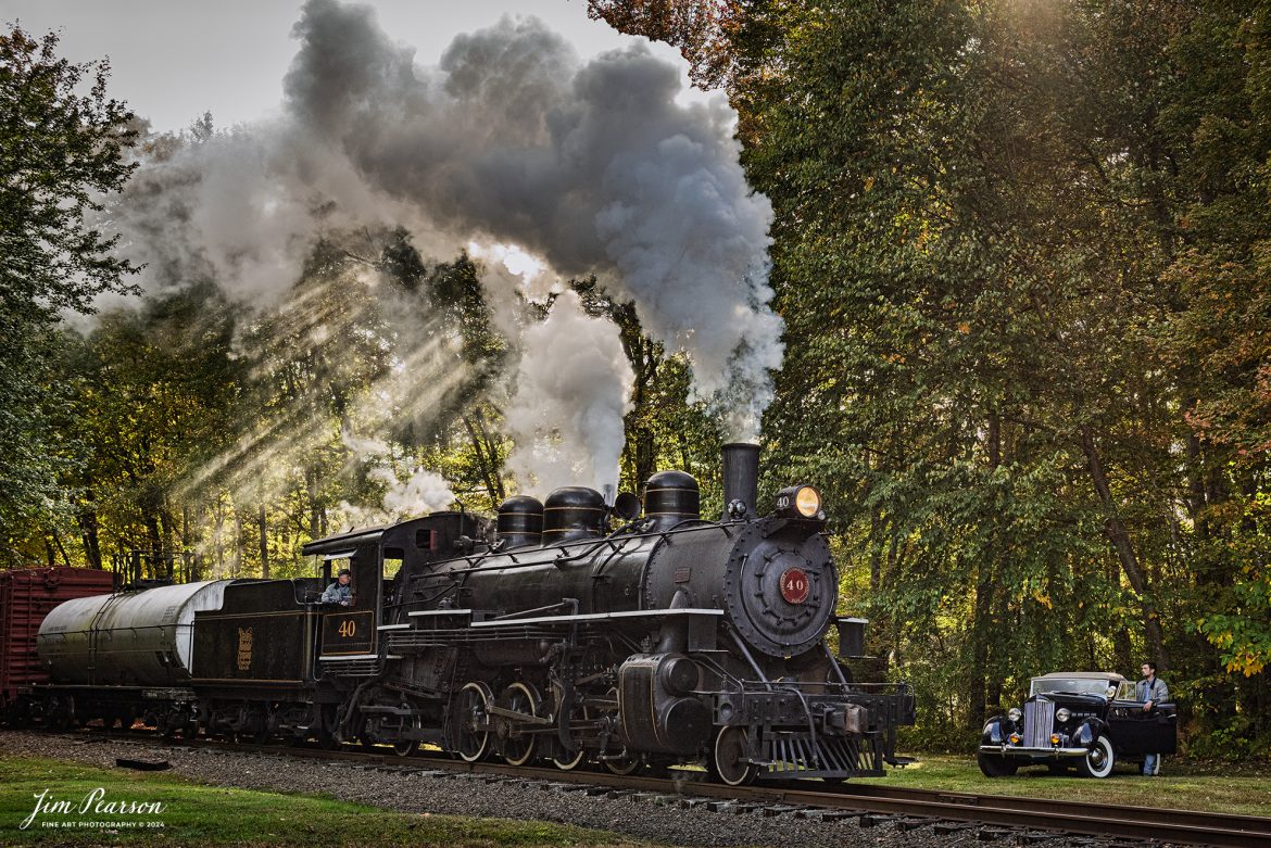 The Valley Railroad Company #40 steams toward Essex, Connecticut on October 8th, 2024 with a rare mixed freight move as they approach Bokum Road – MP 2.99,  passing a driver standing next to what I'm told was a 1930s Packard car as part of a two-day photo charter conducted by Dak Dillion Photography.

According to Wikipedia: The Valley Railroad, operating under the name Essex Steam Train and Riverboat, is a heritage railroad based in Connecticut on tracks of the Connecticut Valley Railroad, which was founded in 1868. The company began operations in 1971 between Deep River and Essex and has since reopened additional parts of the former Connecticut Valley Railroad line. It operates the Essex Steam Train and the Essex Clipper Dinner Train.

Valley Railroad #40 is a ALCO 2-8-0 that was built in 1923. It was built as Portland, Astoria and Pacific No. 101, but never used there; transferred to Minarets and Western Railroad in 1921, later to Southern Pacific, then to the Aberdeen and Rockfish Railroad. Purchased by the Valley Railroad in 1977.

Tech Info: Nikon D810, RAW, Nikon 24-70 @ 40mm, f/5, 1/1000, ISO 1250.

#photographyoftrains #bestsoldpicture #JimPearsonPhotography #thevalleyrailroad #steamtrains

#photographyoftrains #bestsoldpicture #JimPearsonPhotography #thevalleyrailroad #steamtrains