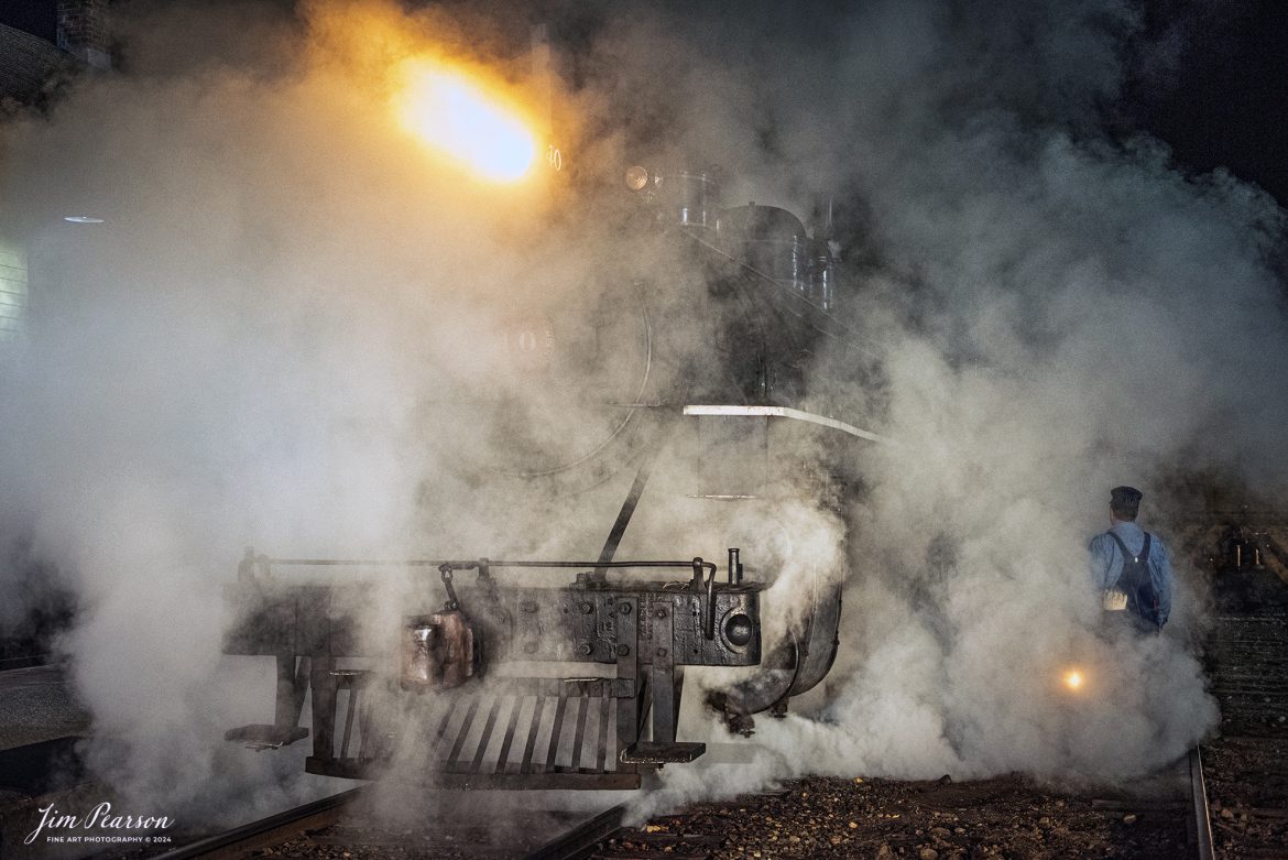 The Valley Railroad Company #40 sits at the depot at Essex, Connecticut as the conductor is surrounded by steam, on the night of October 8th, 2024, during a photo charter conducted by Dak Dillion Photography.

According to Wikipedia: The Valley Railroad, operating under the name Essex Steam Train and Riverboat, is a heritage railroad based in Connecticut on tracks of the Connecticut Valley Railroad, which was founded in 1868. The company began operations in 1971 between Deep River and Essex and has since reopened additional parts of the former Connecticut Valley Railroad line. It operates the Essex Steam Train and the Essex Clipper Dinner Train.

Tech Info: Nikon D810, RAW, Nikon 24-70 @ 45mm, 2.8, 1/100, ISO 10,000.

#photographyoftrains #bestsoldpicture #JimPearsonPhotography #thevalleyrailroad #steamtrains