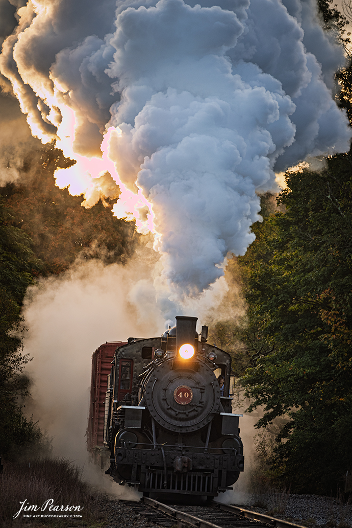 The Valley Railroad Company #40 steams through the early morning sunrise with a rare mixed freight move out of Essex, Connecticut on October 8th, 2024, as part of a two-day photo charter conducted by Dak Dillion Photography.

According to Wikipedia: The Valley Railroad, operating under the name Essex Steam Train and Riverboat, is a heritage railroad based in Connecticut on tracks of the Connecticut Valley Railroad, which was founded in 1868. The company began operations in 1971 between Deep River and Essex and has since reopened additional parts of the former Connecticut Valley Railroad line. It operates the Essex Steam Train and the Essex Clipper Dinner Train.

Valley Railroad #40 is a ALCO 2-8-0 that was built in 1923. It was built as Portland, Astoria and Pacific No. 101, but never used there; transferred to Minarets and Western Railroad in 1921, later to Southern Pacific, then to the Aberdeen and Rockfish Railroad. Purchased by the Valley Railroad in 1977.

Tech Info: Nikon D810, RAW, Nikon 70-300 @ 270mm, 5.6, 1/200, ISO 360.

#photographyoftrains #bestsoldpicture #JimPearsonPhotography #thevalleyrailroad #steamtrains