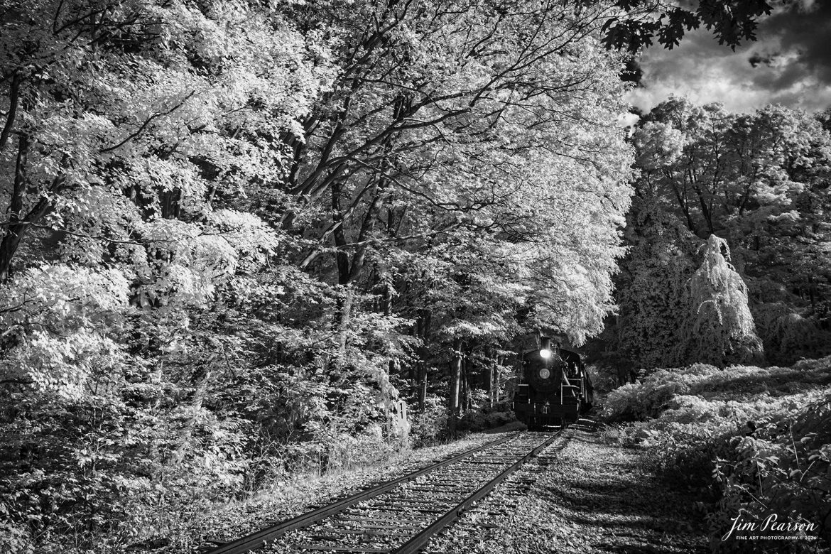 In this week’s Saturday Infrared Photo, we find The Valley Railroad Company #97 headed toward Chester, Connecticut with a passenger train on October 9th, 2024, as part of a two-day photo charter conducted by Dak Dillion Photography.

According to Wikipedia: The Valley Railroad, operating under the name Essex Steam Train and Riverboat, is a heritage railroad based in Connecticut on tracks of the Connecticut Valley Railroad, which was founded in 1868. The company began operations in 1971 between Deep River and Essex and has since reopened additional parts of the former Connecticut Valley Railroad line. It operates the Essex Steam Train and the Essex Clipper Dinner Train.

Tech Info: Fuji XT-1, RAW, Converted to 720nm B&W IR, Nikon 10-24 @ 10mm, f/5, 1/250, ISO 400.

#jimpearsonphotography #infraredtrainphotography #infraredphotography #infraredphotography #trending #thevalleyrailroad