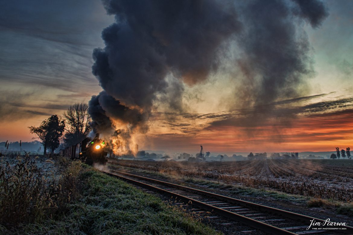 Norfolk and Western 475 heads west on the Strasburg Railroad as the rising sun illuminates the train and steam, as the cold November air produces a spectacular show of steam trailing over the train, off into the distance, on November 7th, 2021 at Strasburg, Pennsylvania. 

Tech Info: Nikon D800, RAW, Sigma 24-70 @ 24mm, f/2.8, 1/125, ISO 400.

#trainphotography #railroadphotography #trains #railways #jimpearsonphotography #trainphotographer #railroadphotographer