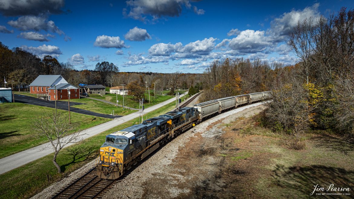 CSXT 5383 leads southbound L391 as it pulls onto the main from the cutoff at Mortons Junction in Mortons Gap, Kentucky on the CSX Henderson Subdivision, on November 20th, 2024. 

Tech Info: DJI Mavic 3 Classic Drone, RAW, 24mm, f/2.8, 1/2000, ISO 100.

#besttrainphotograph #bestphoto #photographyoftrains #bestsoldpicture #JimPearsonPhotography