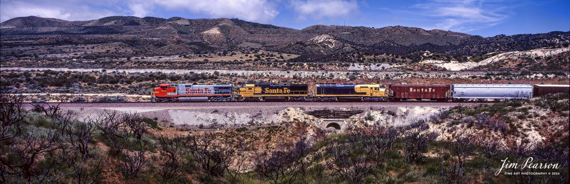 Film Wednesday – Santa Fe 620 leads a mixed freight as move through the famous Cajon Pass in southern California, in this film scan from a 6x17cm slide that was shot sometime in the early 1990’s. 

According to Wikipedia: The Atchison, Topeka and Santa Fe Railway (reporting mark ATSF), often referred to as the Santa Fe or AT&SF, was one of the largest Class 1 railroads in the United States between 1859 and 1996.

The Santa Fe was a pioneer in intermodal freight transport; at various times, it operated an airline, the short-lived Santa Fe Skyway, and the Santa Fe Railroad tugboats. Its bus line extended passenger transportation to areas not accessible by rail, and ferryboats on the San Francisco Bay allowed travelers to complete their westward journeys to the Pacific Ocean. The AT&SF was the subject of a popular song, Harry Warren and Johnny Mercer's "On the Atchison, Topeka and the Santa Fe", written for the film The Harvey Girls (1946).

The railroad officially ceased independent operations on December 31, 1996, when it merged with the Burlington Northern Railroad to form the Burlington Northern and Santa Fe Railway.

Tech Info: Camera, Fuji 6x17, Kodachrome Slide Film, no other data recorded, Scanned with an Epson Perfection V700 PHOTO scanner.

#slidescan #filmphotography #trains #railroads #jimpearsonphotography