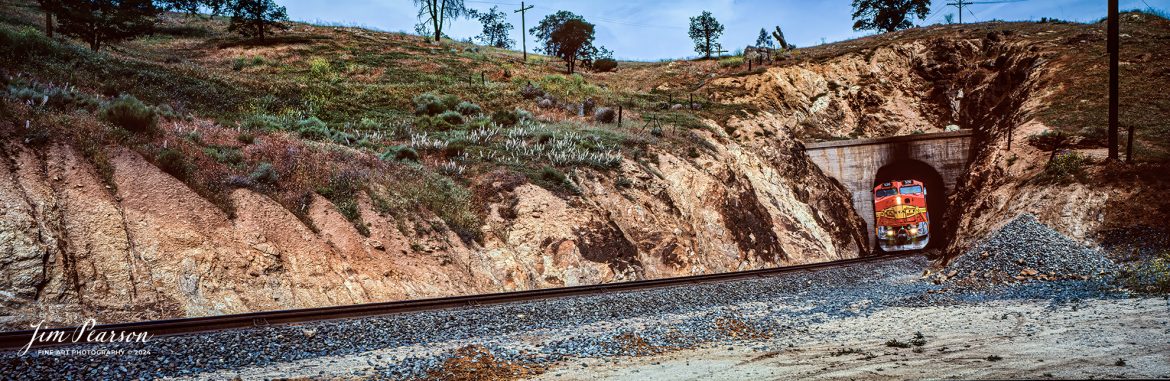 Film Wednesday – Warbonnet Santa Fe 526 leads a mixed freight as it exits one of the many tunnels in the Tehachapi mountains of California, in this film scan from a 6x17cm slide that was shot sometime in the early 1990’s. 

According to Wikipedia: The Atchison, Topeka and Santa Fe Railway (reporting mark ATSF), often referred to as the Santa Fe or AT&SF, was one of the largest Class 1 railroads in the United States between 1859 and 1996.

The Santa Fe was a pioneer in intermodal freight transport; at various times, it operated an airline, the short-lived Santa Fe Skyway, and the Santa Fe Railroad tugboats.[2] Its bus line extended passenger transportation to areas not accessible by rail, and ferryboats on the San Francisco Bay allowed travelers to complete their westward journeys to the Pacific Ocean. The AT&SF was the subject of a popular song, Harry Warren and Johnny Mercer's "On the Atchison, Topeka and the Santa Fe", written for the film The Harvey Girls (1946).

The railroad officially ceased independent operations on December 31, 1996, when it merged with the Burlington Northern Railroad to form the Burlington Northern and Santa Fe Railway.

Tech Info: Camera, Fuji 6x17, Kodachrome Slide Film, no other data recorded, Scanned with an Epson Perfection V700 PHOTO scanner.

#slidescan #filmphotography #trains #railroads #jimpearsonphotography