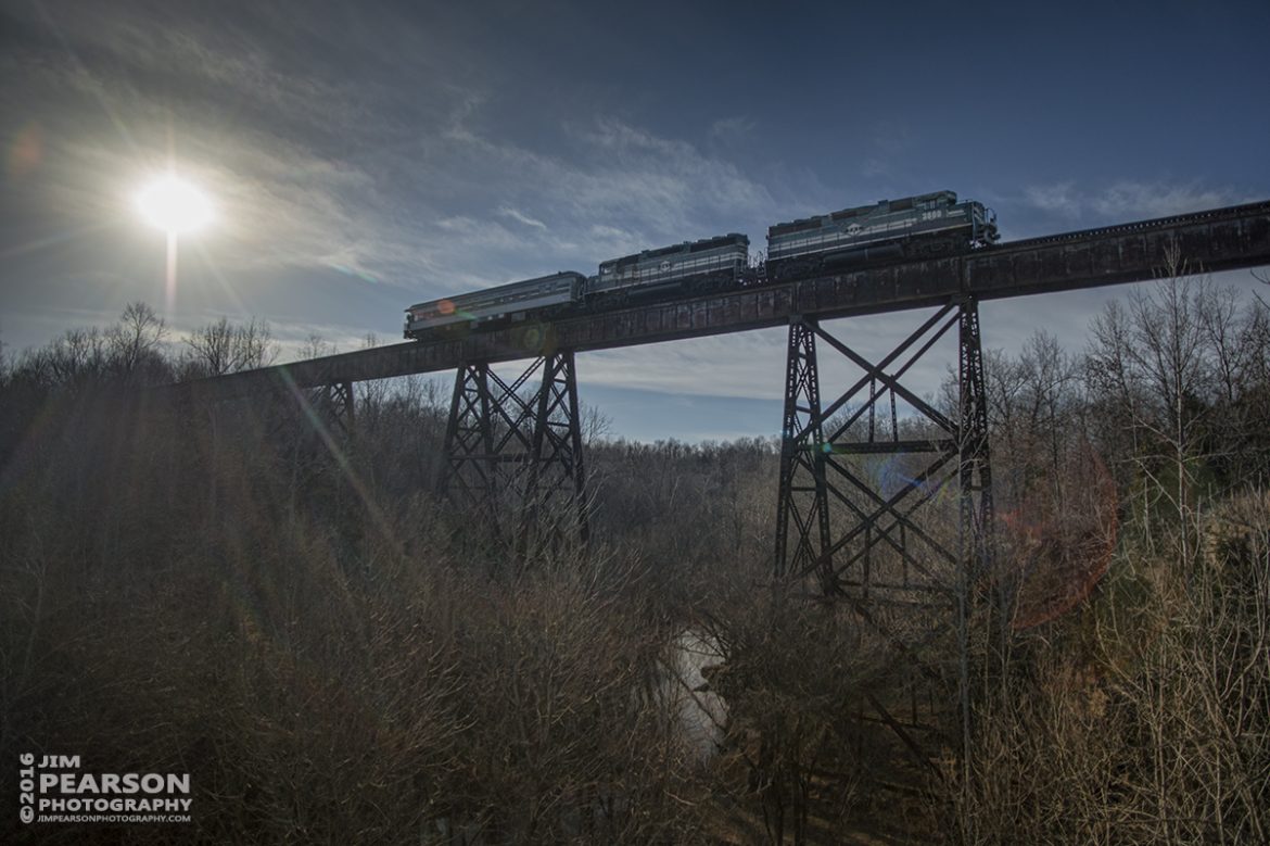 January 30, 2016 - Paducah and Louisville Railway's 3800 and 3804 head north over the bridge outside of Big Clifty, Ky, with PAL's business car, Bluegrass State 1 trailing behind it, on it's way to Louisville, Ky. 

Tech Info: 1/6400 | f/2.8, ISO 100, Lens: Nikon 18mm with a Nikon D800 shot and processed in RAW.

#railroad #railroads #train #trains #bestphoto #railroadengines #picturesoftrains #picturesofrailway #bestphotograph #photographyoftrains #trainphotography #JimPearsonPhotography #paducahandlouisvillerailway