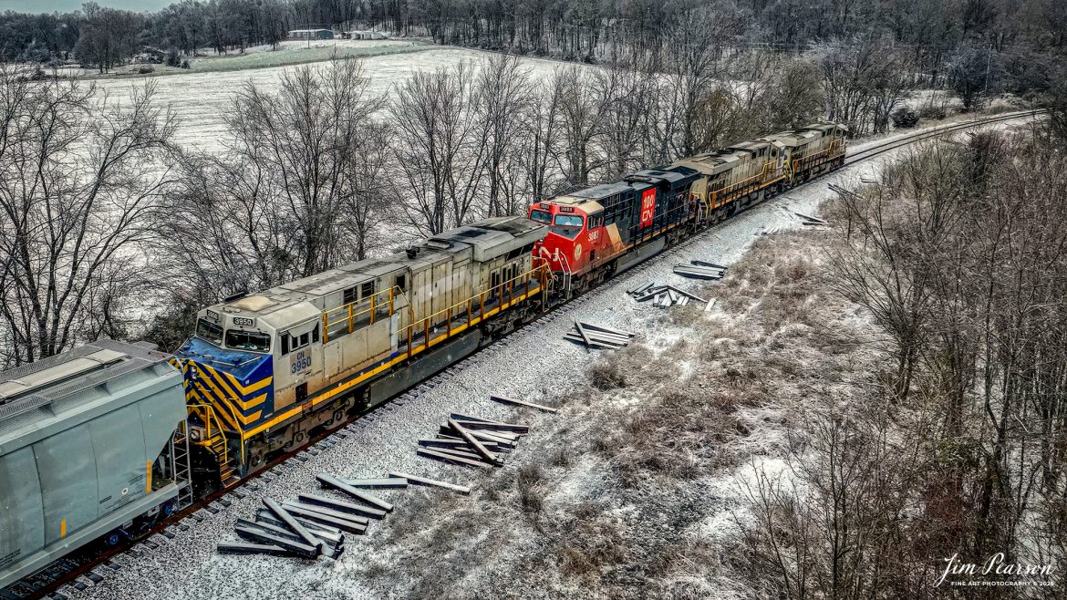 CSX B210 heads north from Oak Hill, just south of Mortons Gap, Ky with CN 2786, an ex-CitiRail unit leading two more CitiRail and a CN unit leading their empty Phosphate train, as they head north on January 8th, 2025, on the CSX Henderson Subdivision.

Tech Info: DJI Mavic 3 Classic Drone, RAW, 22mm, f/2.8, 1/500, ISO 100.

#trainphotography #railroadphotography #trains #railways #trainphotographer #railroadphotographer #jimpearsonphotography #trainsinthesnow