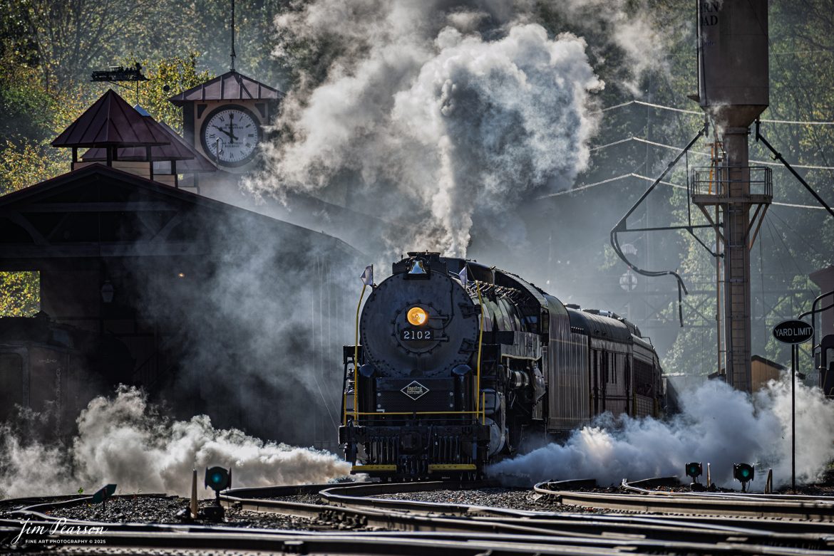 Reading Blue Mountain & Northern Railroad steam locomotive 2102 departs the station at Port Clinton, Pennsylvania on October 5th, 2024,during its first day of the year of pulling Fall Foliage Excursions.

According to their website: The Reading Company T-1 class #2102 was built in the Reading’s own locomotive shops in 1945. With drivers of 70” diameter, it weighs 404 tons, and its tender holds up to 26 tons of coal, and up to 19,000 gallons of water. After the Reading Steam era was over, the Reading Company used 2102 for the Reading Rambles on several different excursions. The 2102 has had many different owners since it was retired by the Reading Railroad. It is one of only four to survive. The other remaining locomotives are the 2100, 2101, and 2124.

The Blue Mountain and Reading Railroad purchased the 2102 in 1987, and it ran on the Temple to South Hamburg line into the early 1990’s. Once the Blue Mountain and Reading Railroad became the Reading Blue Mountain & Northern, the 2102 ran over Reading & Northern’s rails for a short time before it was removed from service in the early 1990’s. 

In 2022, steam locomotive 2102 reentered service on the Reading & Northern. The locomotive has been used actively to pull both passenger excursions and revenue freight trains.

Tech Info: Nikon D810, RAW, Nikon 70-300 @ 300mm, f/5.6, 1640, ISO 200.

#steamtrains #besttrainphotograph #JimPearsonPhotography #RBNRR