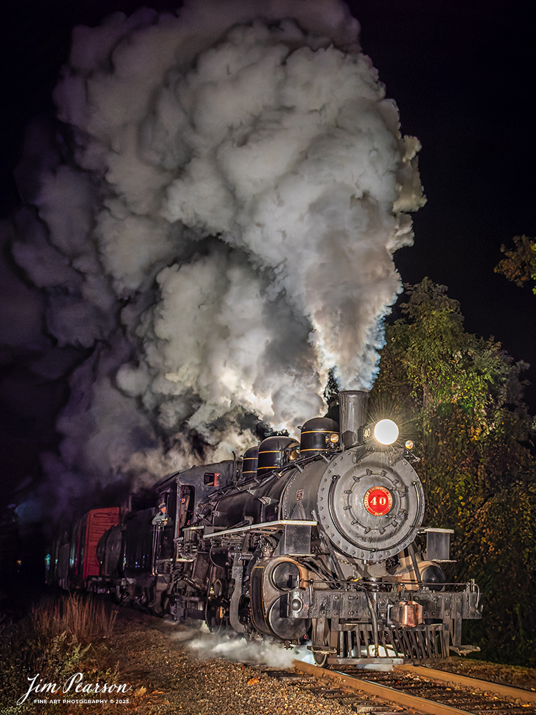 The Valley Railroad Company #40 steams out of Essex, Connecticut with a rare mixed freight move on the night of October 8th, 2024, after a photo charter conducted by Dak Dillion Photography.

According to Wikipedia: The Valley Railroad, operating under the name Essex Steam Train and Riverboat, is a heritage railroad based in Connecticut on tracks of the Connecticut Valley Railroad, which was founded in 1868. The company began operations in 1971 between Deep River and Essex and has since reopened additional parts of the former Connecticut Valley Railroad line. It operates the Essex Steam Train and the Essex Clipper Dinner Train.

Tech Info: Nikon D810, RAW, Nikon 24-70 @ 28mm, 2.8, 1/160, ISO 12,800.

#photographyoftrains #bestsoldpicture #JimPearsonPhotography #thevalleyrailroad #steamtrains