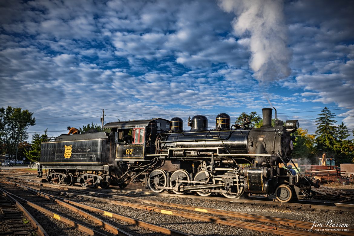 The crew on The Valley Railroad Company #97 prepares their train outside the engine house at Essex, Connecticut on October 9th, 2024, as part of a two-day photo charter conducted by Dak Dillion Photography.

According to Wikipedia: The Valley Railroad, operating under the name Essex Steam Train and Riverboat, is a heritage railroad based in Connecticut on tracks of the Connecticut Valley Railroad, which was founded in 1868. The company began operations in 1971 between Deep River and Essex and has since reopened additional parts of the former Connecticut Valley Railroad line. It operates the Essex Steam Train and the Essex Clipper Dinner Train.

Tech Info: Nikon D810, RAW, Nikon 24-70 @ 31mm, 2.8, 1/2000, ISO 80.

#photographyoftrains #trainphotography #JimPearsonPhotography #trendingphoto #thevalleyroadcompany