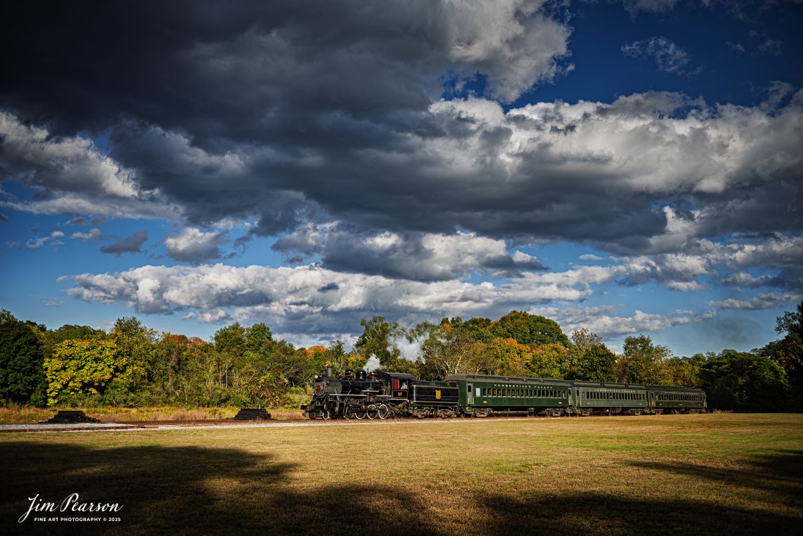 The Valley Railroad Company #97  pulls across an open field just outside Essex, Connecticut with a passenger train on October 9th, 2024, as part of a two-day photo charter conducted by Dak Dillion Photography.

According to Wikipedia: The Valley Railroad, operating under the name Essex Steam Train and Riverboat, is a heritage railroad based in Connecticut on tracks of the Connecticut Valley Railroad, which was founded in 1868. The company began operations in 1971 between Deep River and Essex and has since reopened additional parts of the former Connecticut Valley Railroad line. It operates the Essex Steam Train and the Essex Clipper Dinner Train.

Tech Info: Nikon D810, RAW, Nikon 24-70 @ 34mm, f/2.8, 1/2000, ISO 64.

#photographyoftrains #trainphotography #JimPearsonPhotography #trendingphoto #thevalleyroadcompany