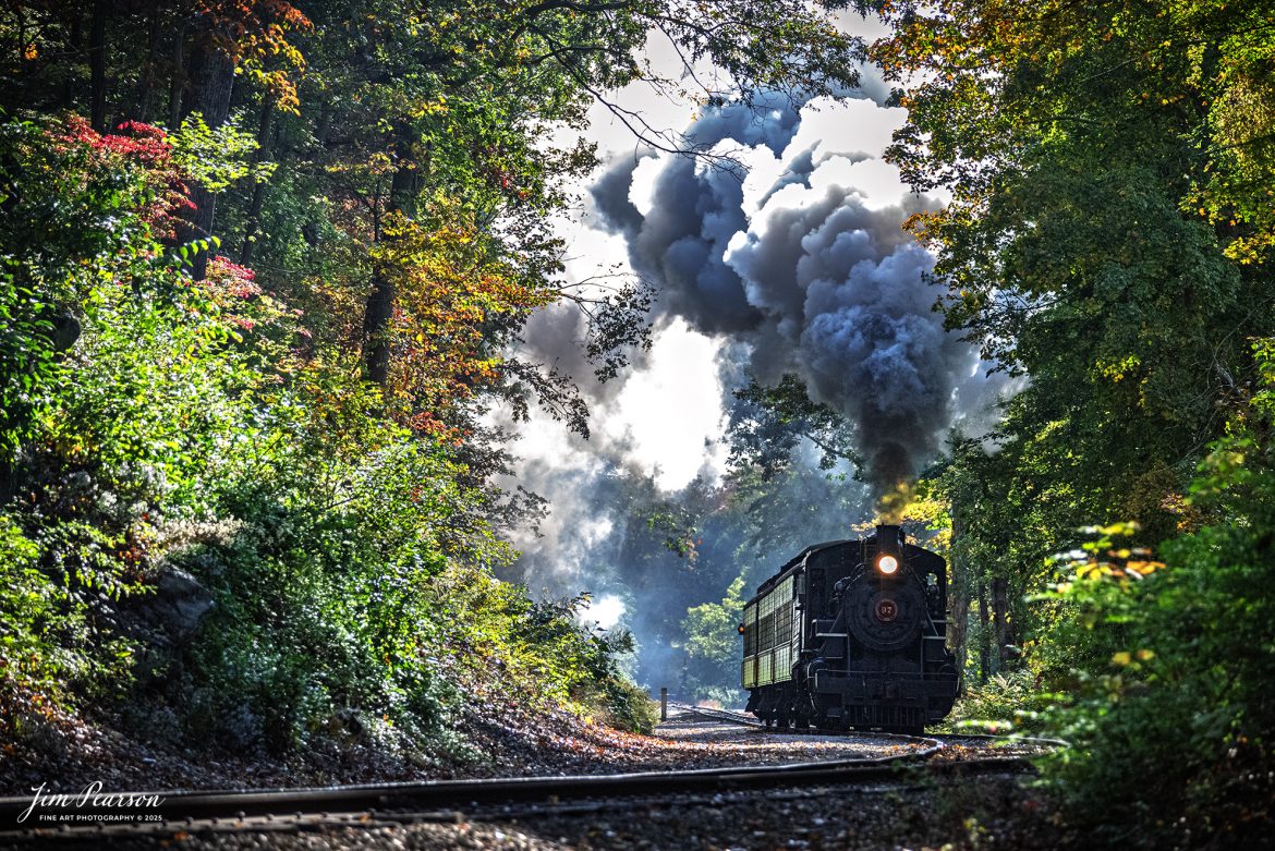 The Valley Railroad Company #97 head through the countryside after departing Essex, Connecticut with a passenger train on October 9th, 2024, as part of a two-day photo charter conducted by Dak Dillion Photography.

According to Wikipedia: The Valley Railroad, operating under the name Essex Steam Train and Riverboat, is a heritage railroad based in Connecticut on tracks of the Connecticut Valley Railroad, which was founded in 1868. The company began operations in 1971 between Deep River and Essex and has since reopened additional parts of the former Connecticut Valley Railroad line. It operates the Essex Steam Train and the Essex Clipper Dinner Train.

Tech Info: Nikon D810, RAW, Nikon 70-300 @ 195mm, f/5.3, 1/2000, ISO 2500.

#photographyoftrains #trainphotography #JimPearsonPhotography #trendingphoto #thevalleyroadcompany