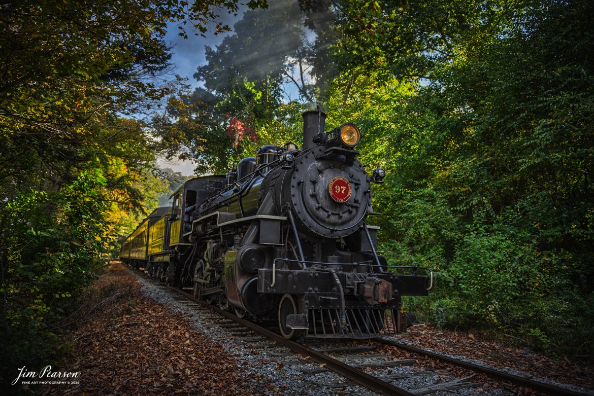 The Valley Railroad Company #97 heads through the countryside out of Essex, Connecticut with a passenger train on October 9th, 2024, as part of a two-day photo charter conducted by Dak Dillion Photography.

According to Wikipedia: The Valley Railroad, operating under the name Essex Steam Train and Riverboat, is a heritage railroad based in Connecticut on tracks of the Connecticut Valley Railroad, which was founded in 1868. The company began operations in 1971 between Deep River and Essex and has since reopened additional parts of the former Connecticut Valley Railroad line. It operates the Essex Steam Train and the Essex Clipper Dinner Train.

Tech Info: Nikon D810, RAW, Nikon 24-70 @ 24mm, f/2.8, 1/1250, ISO 220.

#photographyoftrains #trainphotography #JimPearsonPhotography #trendingphoto #thevalleyroadcompany