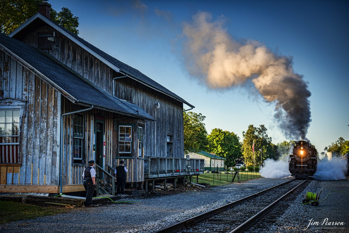 September 1st, 2024, Steam locomotive Nickel Plate 765 leads the Victory Train as they pull into the station at Pleasant Lake, Indiana as they prepare to pull their passenger train to Angola, Indiana to pick up their first load of passengers during Indiana Rail Experience’s Rolling Victory Weekend.

According to their website: Rolling Victory was a three-day living history event celebrating American military, railroad, and home front history featuring vintage train rides, World War II reenactors, battles, a big band orchestra, and an immersive and educational experience for all ages in Pleasant Lake, Indiana.

Tech Info: Nikon D810, RAW, Nikon 24-70 @ 55mm, f/2.8, 1/1000, ISO 200.

#railroad #railroads #train, #trains #railway #railway #steamtrains #railtransport #railroadengines #picturesoftrains #picturesofrailways #besttrainphotograph #bestphoto #photographyoftrains #bestsoldpicture #JimPearsonPhotography #steamtrains #nkp765 #passengertrains