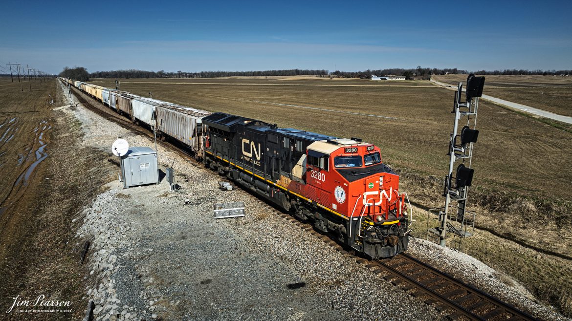 CSX B210 with Canadian National 3280 leading, heads south from the south end of the siding at Rankin, Ky, on the CSX Henderson Subdivision on February 10th, 2025., with an empty Phosphate train.

Tech Info: DJI Mavic 3 Classic Drone, RAW, 24mm, f/2.8, 1/2500, ISO 100.

#railroad #railroads #train, #trains #railway #railway #railtransport #railroadengines #picturesoftrains #picturesofrailways #besttrainphotograph #bestphoto #photographyoftrains #bestsoldpicture #JimPearsonPhotography #trainsfromadrone