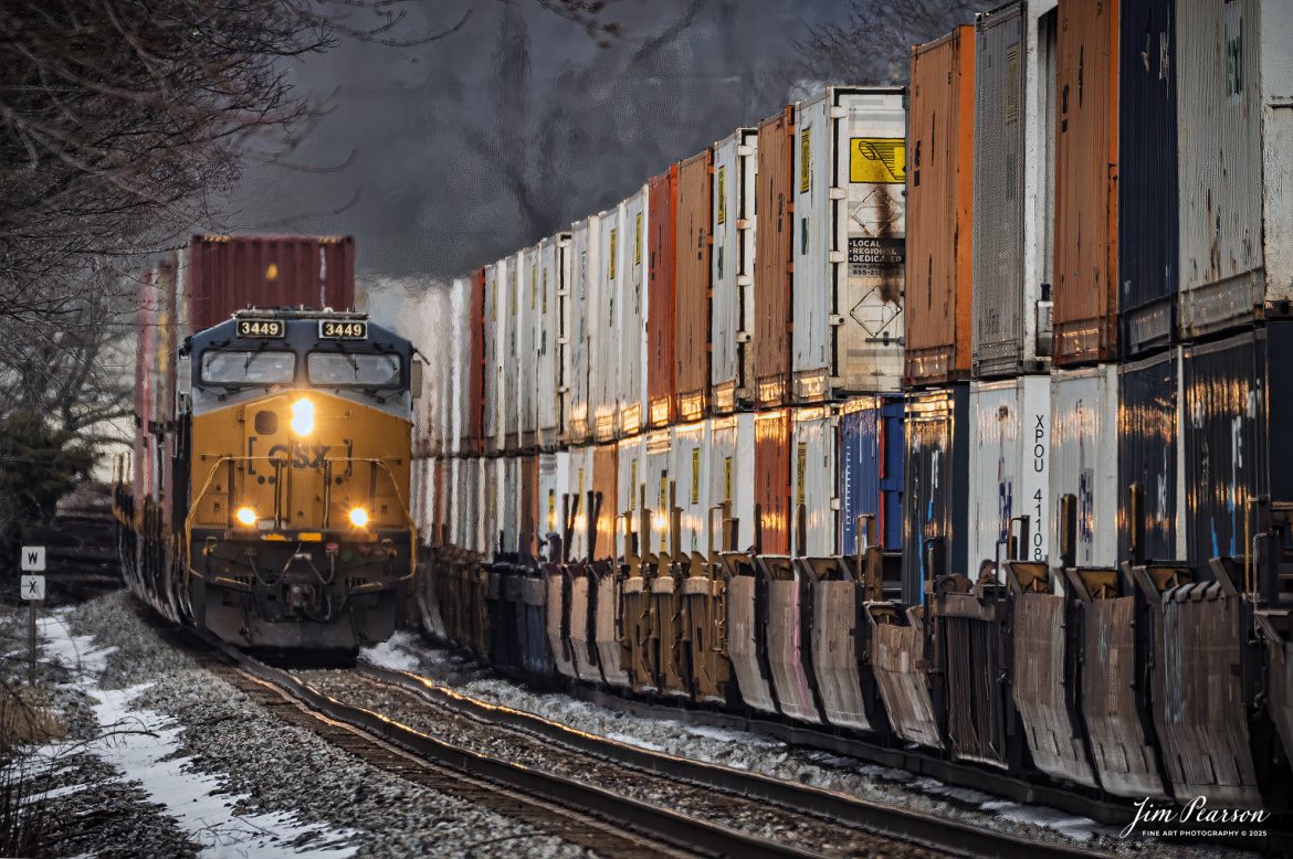 CSXT 3439 leads CSX hot intermodal I025 as it meets and passes northbound CSX I128 in the siding at Kelly, Ky, on the CSX Henderson Subdivision, on February 22nd, 2025.

Tech Info: Nikon Z6ii, RAW, Sigma 150-600 @ 600mm, f6.3, 1/1000, ISO 450.

#photographyoftrains #bestsoldpicture #JimPearsonPhotography