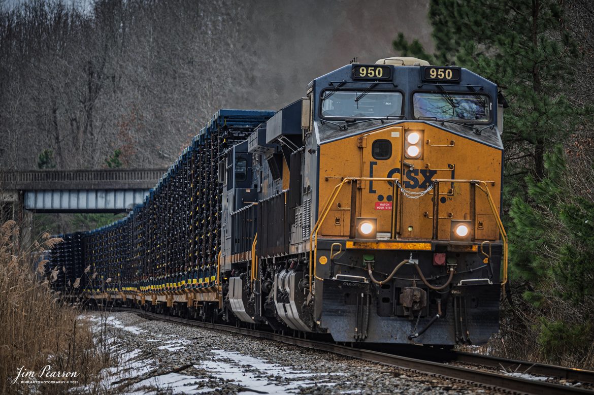 CSXT 950 leads northbound M512 north with a long string of truck frames, bound for Toyota up in Indiana, as the pass under the highway 41 overpass at Mortons Gap, Ky, on the CSX Henderson Subdivision, on February 22nd, 2025.

Tech Info: Nikon Z6ii, RAW, Nikon 70-300 @ 210mm, 5.6, 1/250, ISO 140.

#photographyoftrains #bestsoldpicture #JimPearsonPhotography