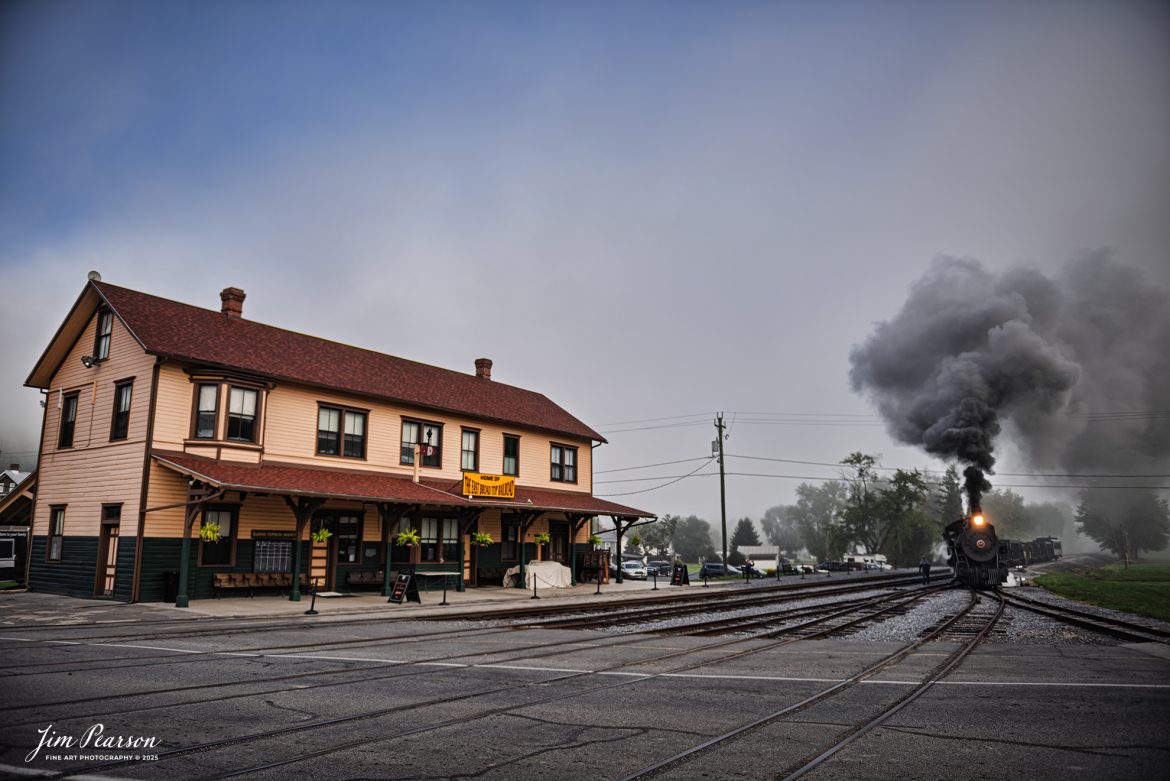 East Broad Top (EBT) steam locomotive 16 moves onto the wye next to the depot at Rockhill Furnace, Pennsylvania on October 6th, 2024 as they begin to turn the train.

According to the East Broad Top Website: Locomotive #16 was built in 1916 by the Baldwin Locomotive Works.

Entering the age of modern steam in 1916, the EBT received its first of three large Mikados. Unlike the previous three smaller locomotives, 16 came with superheaters, piston valves, and Southern valve gear. One story mentions #16 pulled 60 empty hoppers from Mt. Union to Rockhill in one train, literally clearing out the yard. #16 underwent an overhaul in 1955 and made only a handful of trips in early 1956 before the railroad shut down an overhaul when the EBT shut down. On February 1, 2023, the locomotive returned to service.

Tech Info: Nikon D810, RAW, Nikon 24-70 @ 24mm, f/2.8, 1/400, ISO 64.

#steamtrains #JimPearsonPhotography #eastbroadtop